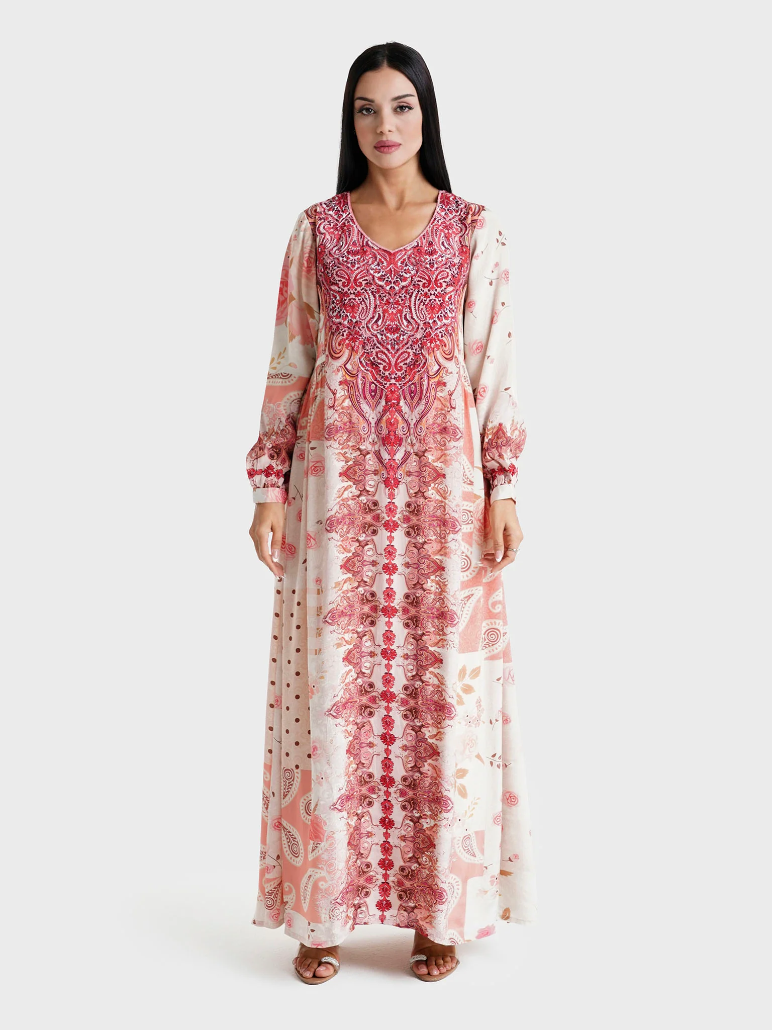 Rose Pink Paisley Printed Viscose Crepe Kuwaiti Jalabiya (VDU854) - Image 2