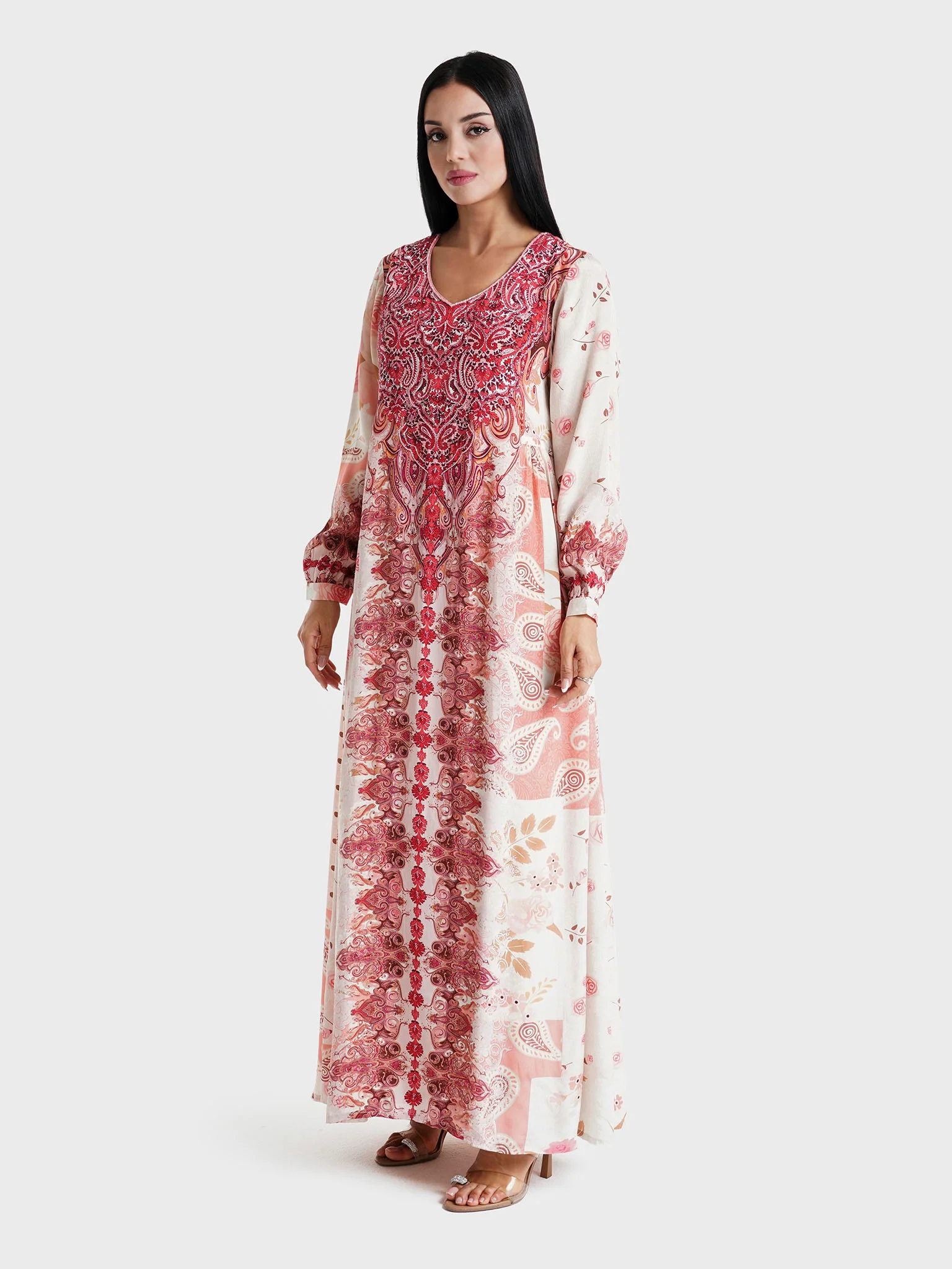 Rose Pink Paisley Printed Viscose Crepe Kuwaiti Jalabiya (VDU854) - Image 3