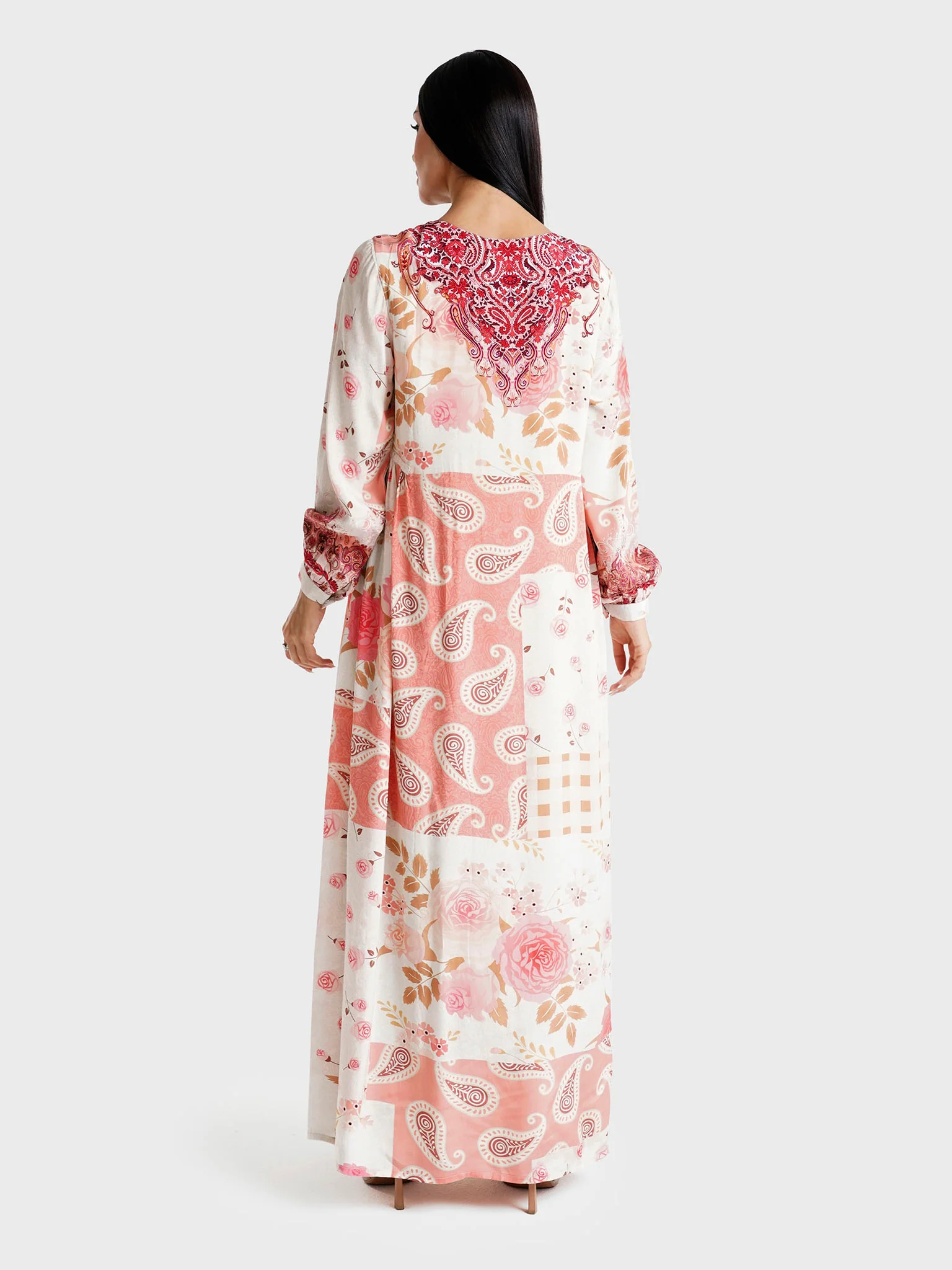 Rose Pink Paisley Printed Viscose Crepe Kuwaiti Jalabiya (VDU854) - Image 4
