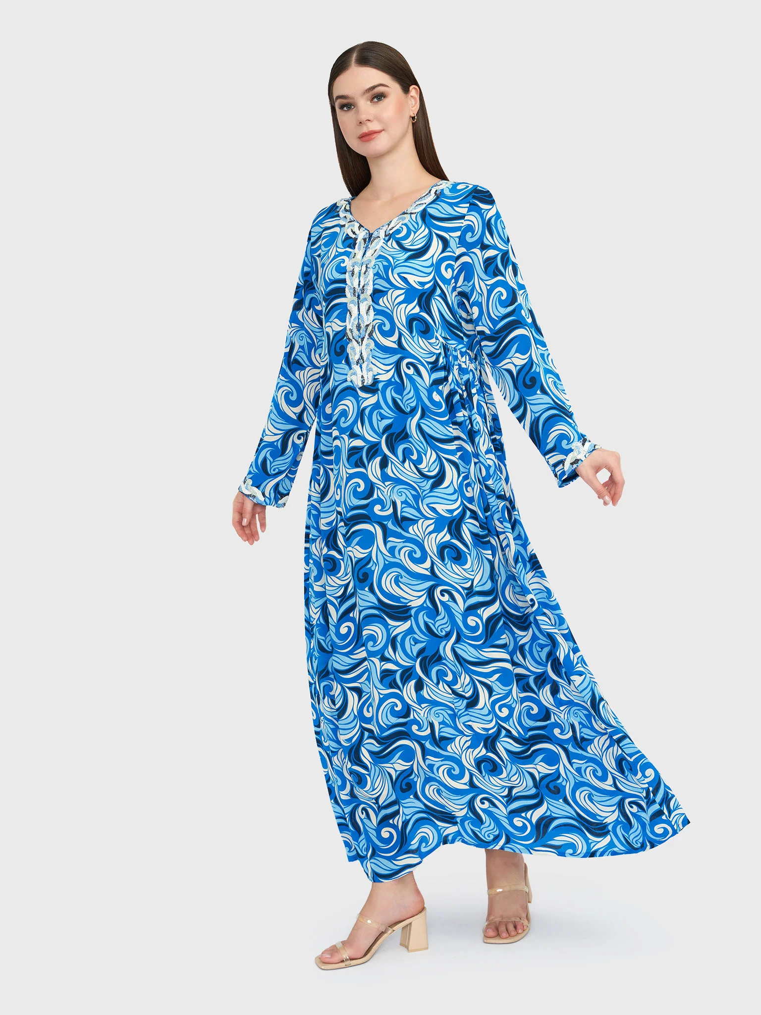Blue Abstract Print Viscose Crepe Beads Work Jalabiya (VG2399) - Image 3