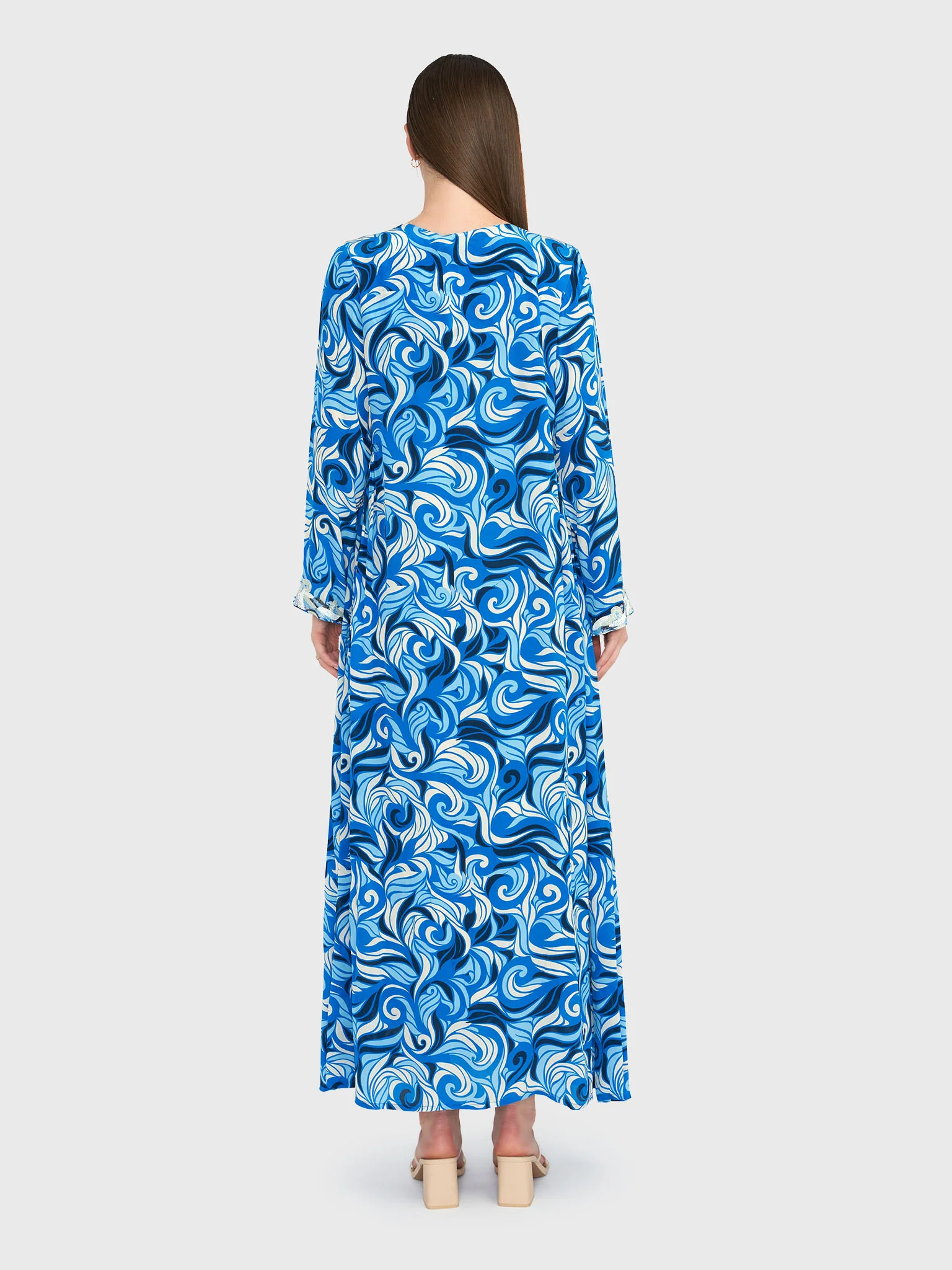Blue Abstract Print Viscose Crepe Beads Work Jalabiya (VG2399) - Image 4