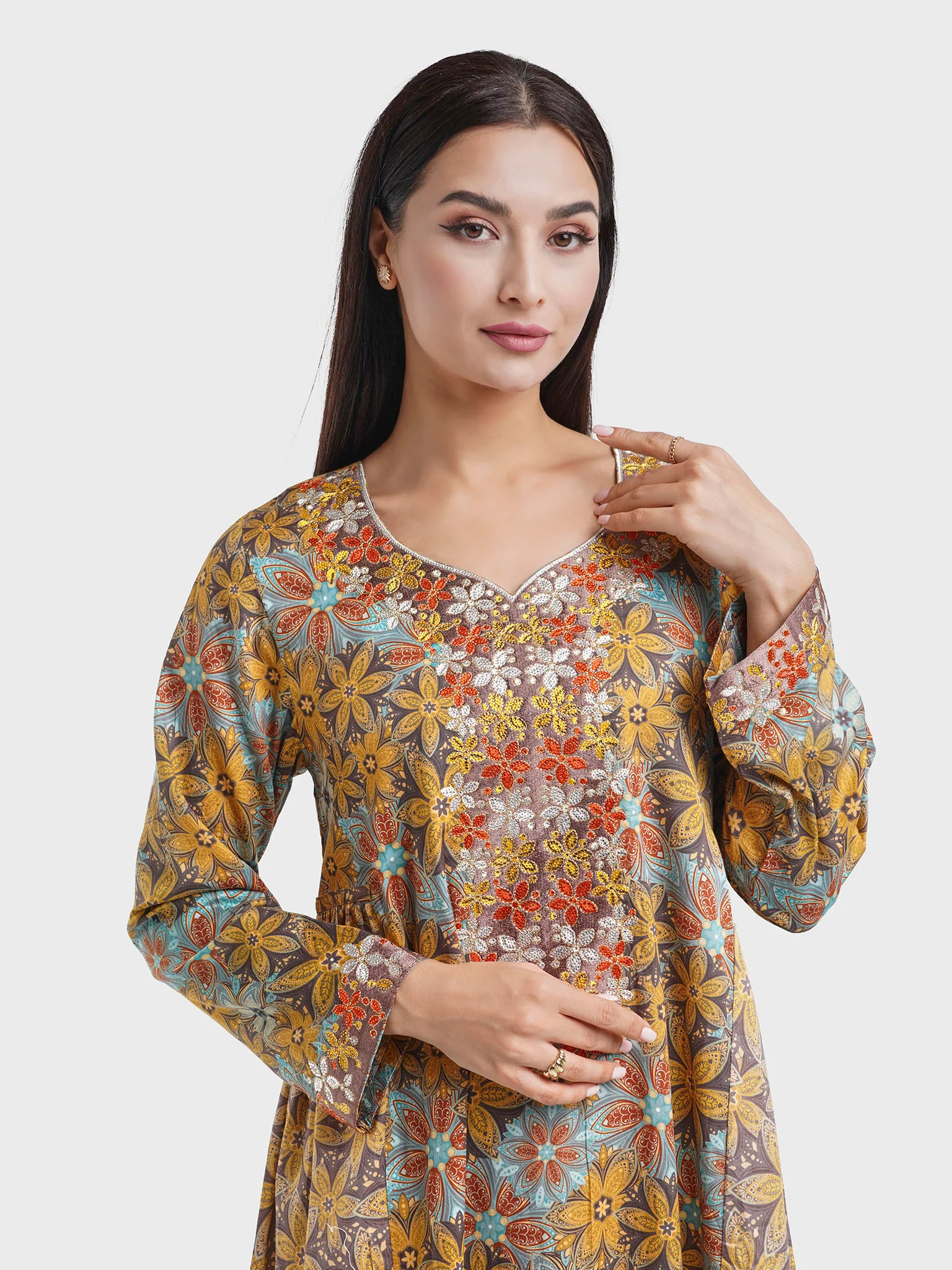 Mustard Kuwaiti Cut Cotton Satin Floral Print Jalabiya (VW268)
