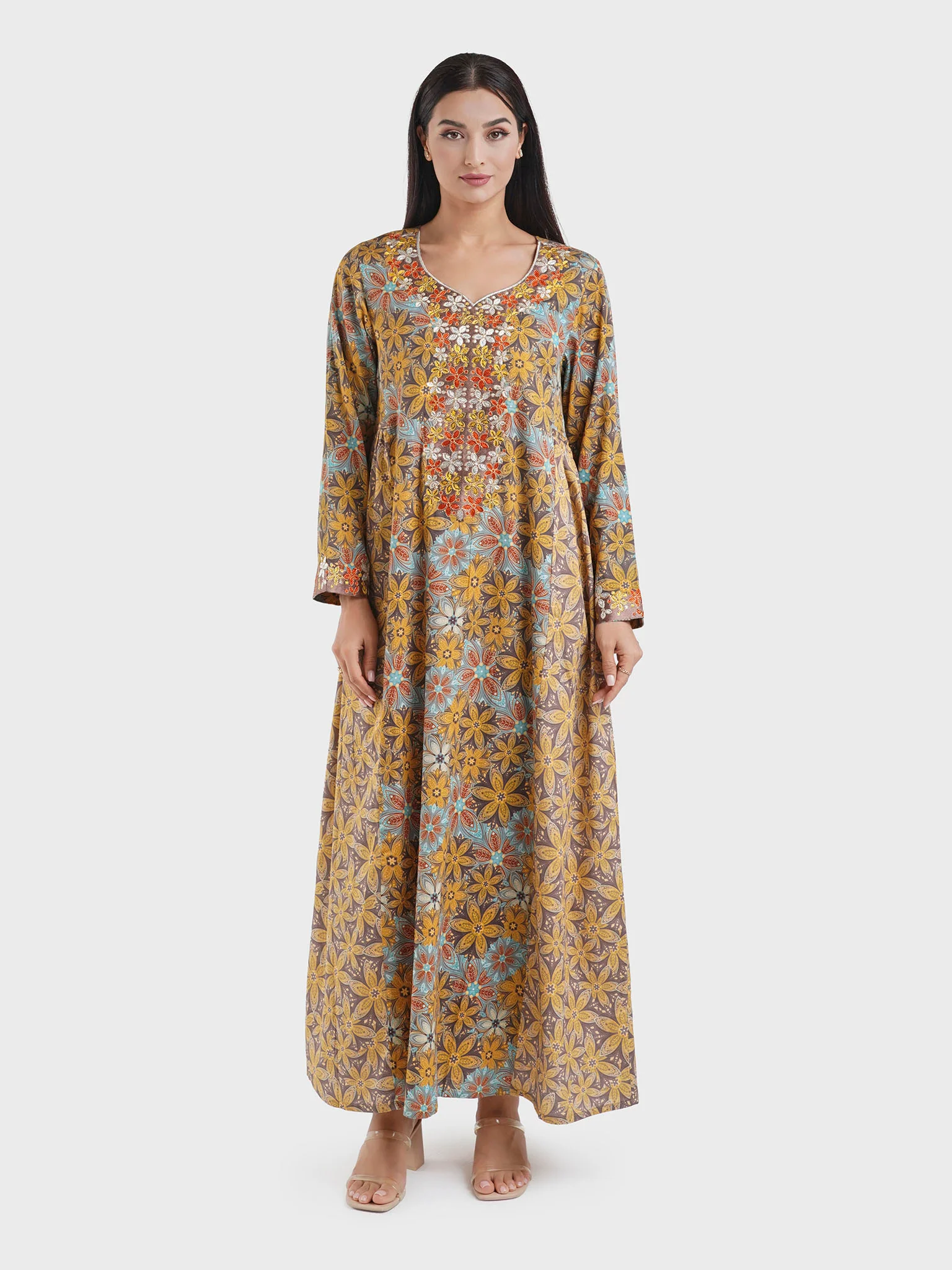 Mustard Kuwaiti Cut Cotton Satin Floral Print Jalabiya (VW268) - Image 2