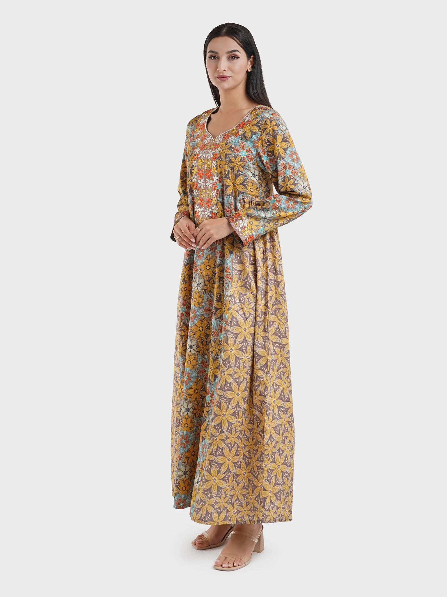 Mustard Kuwaiti Cut Cotton Satin Floral Print Jalabiya (VW268) - Image 3