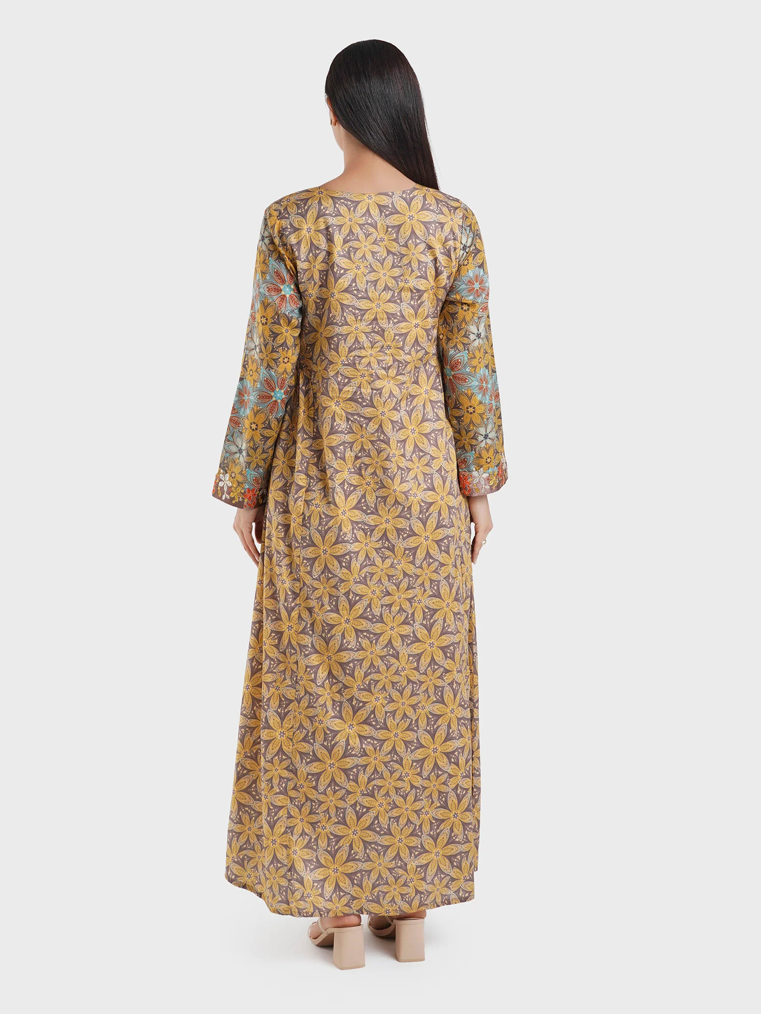 Mustard Kuwaiti Cut Cotton Satin Floral Print Jalabiya (VW268) - Image 4