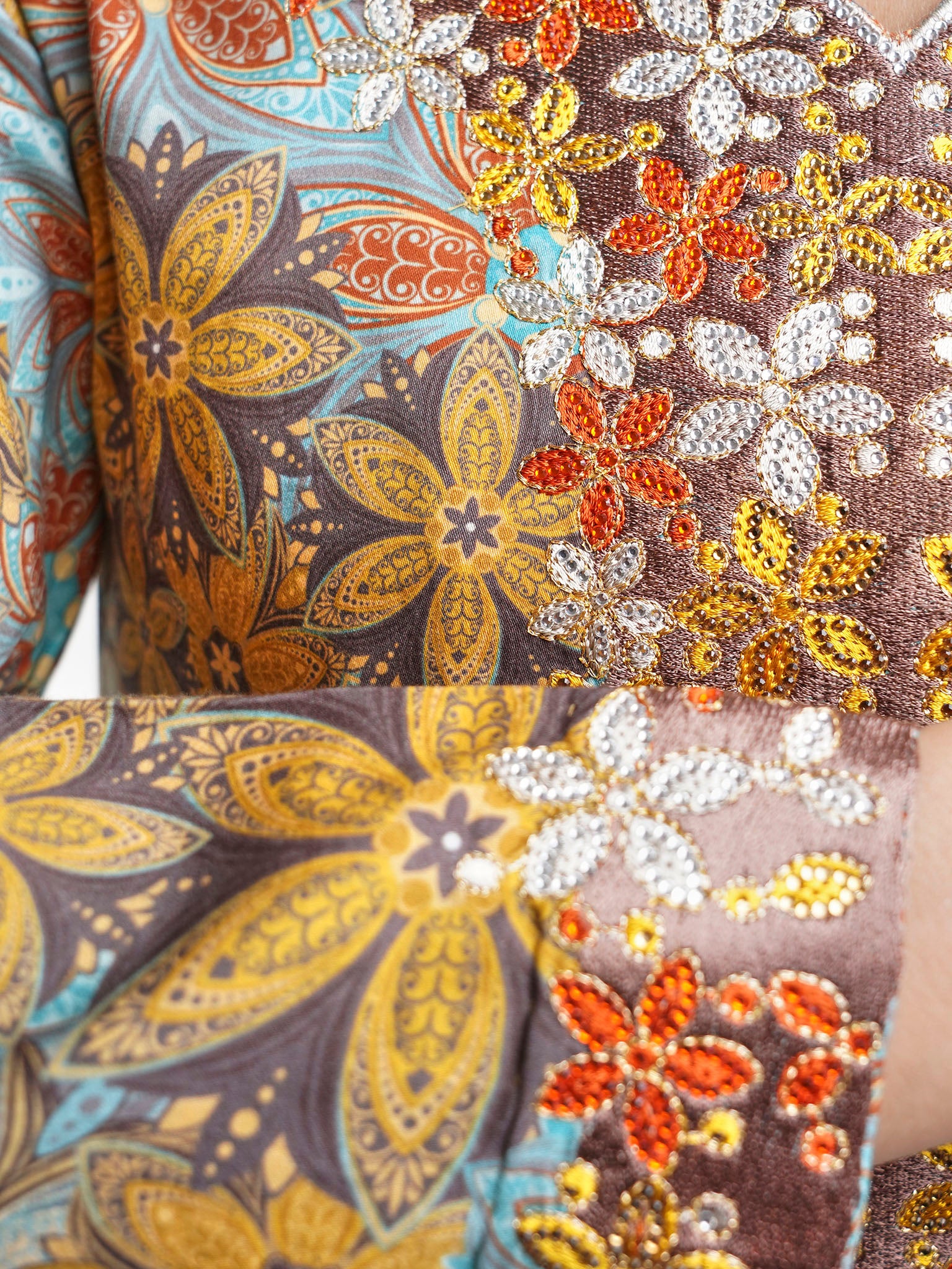 Mustard Kuwaiti Cut Cotton Satin Floral Print Jalabiya (VW268) - Image 5