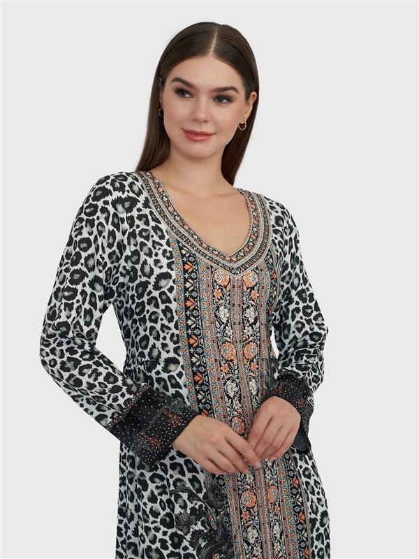 Black Leopard Print Rayon Jalabiya with Stone Work (VDE267)