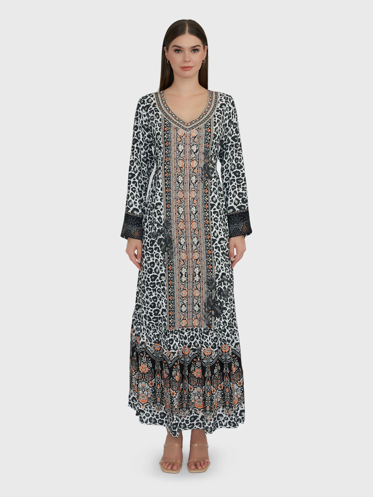 Black Leopard Print Rayon Jalabiya with Stone Work (VDE267) - Image 2