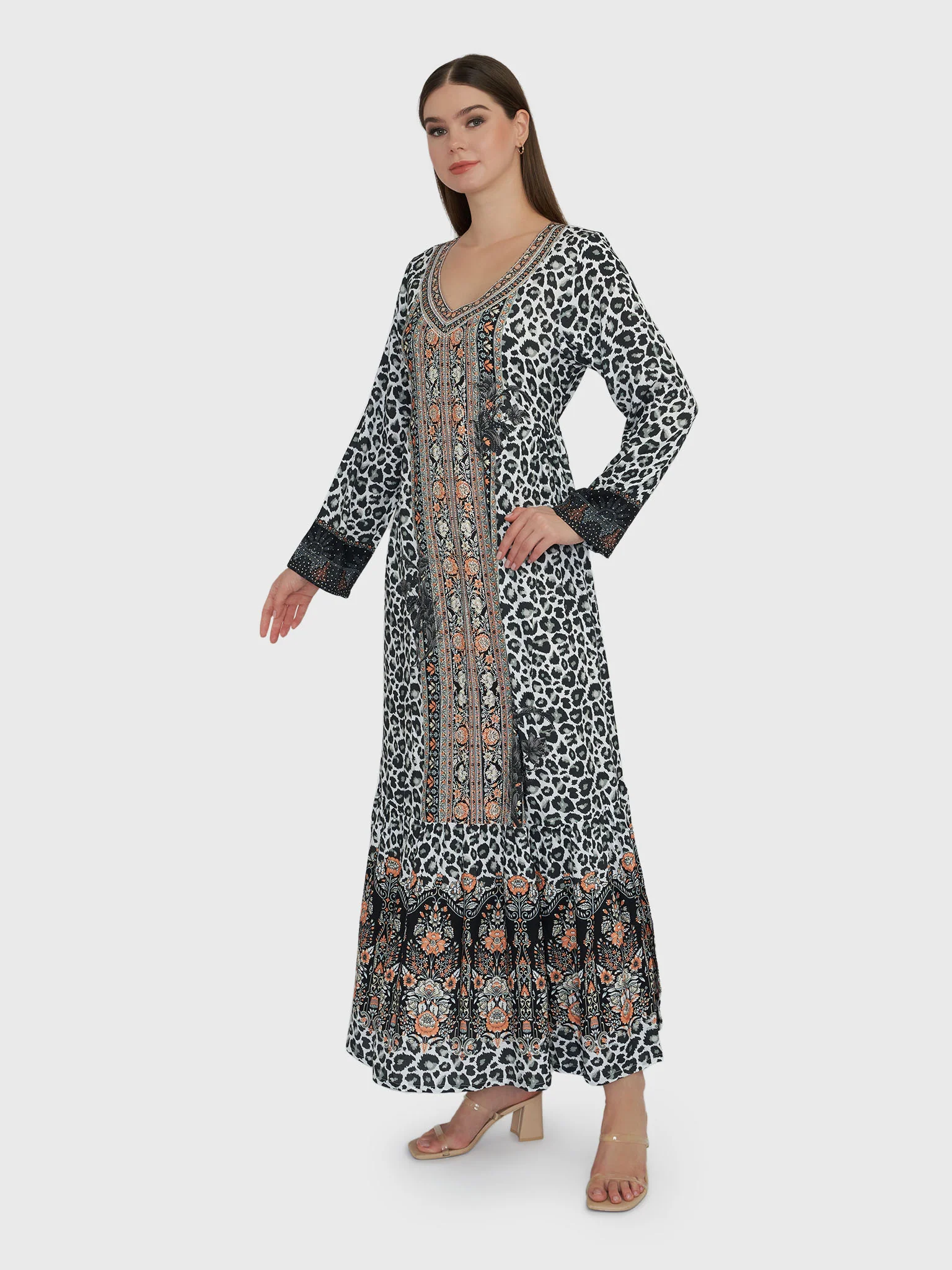 Black Leopard Print Rayon Jalabiya with Stone Work (VDE267) - Image 3