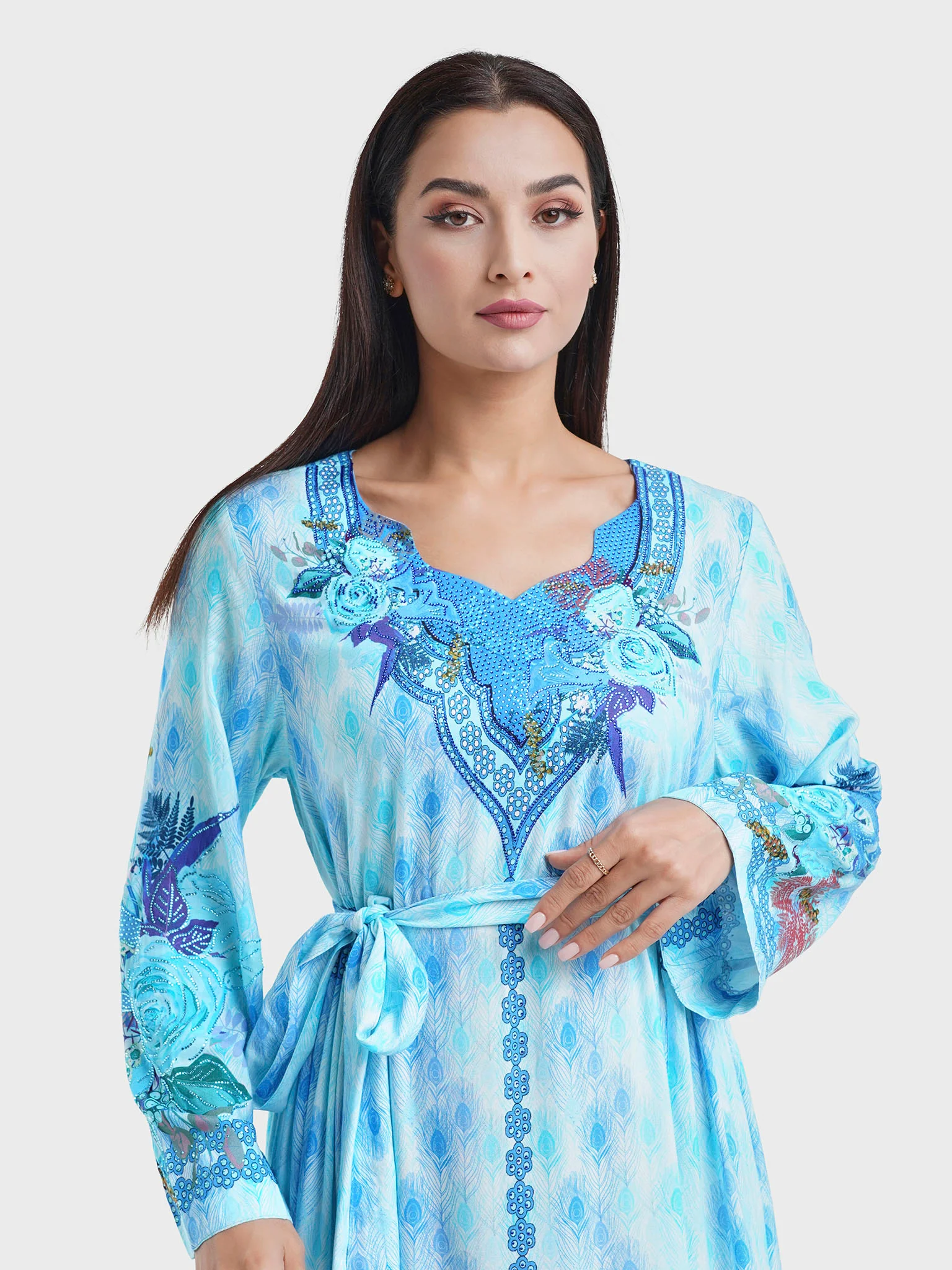 Turquoise Peacock Feather Print Viscose Jalabiya (VDE287)