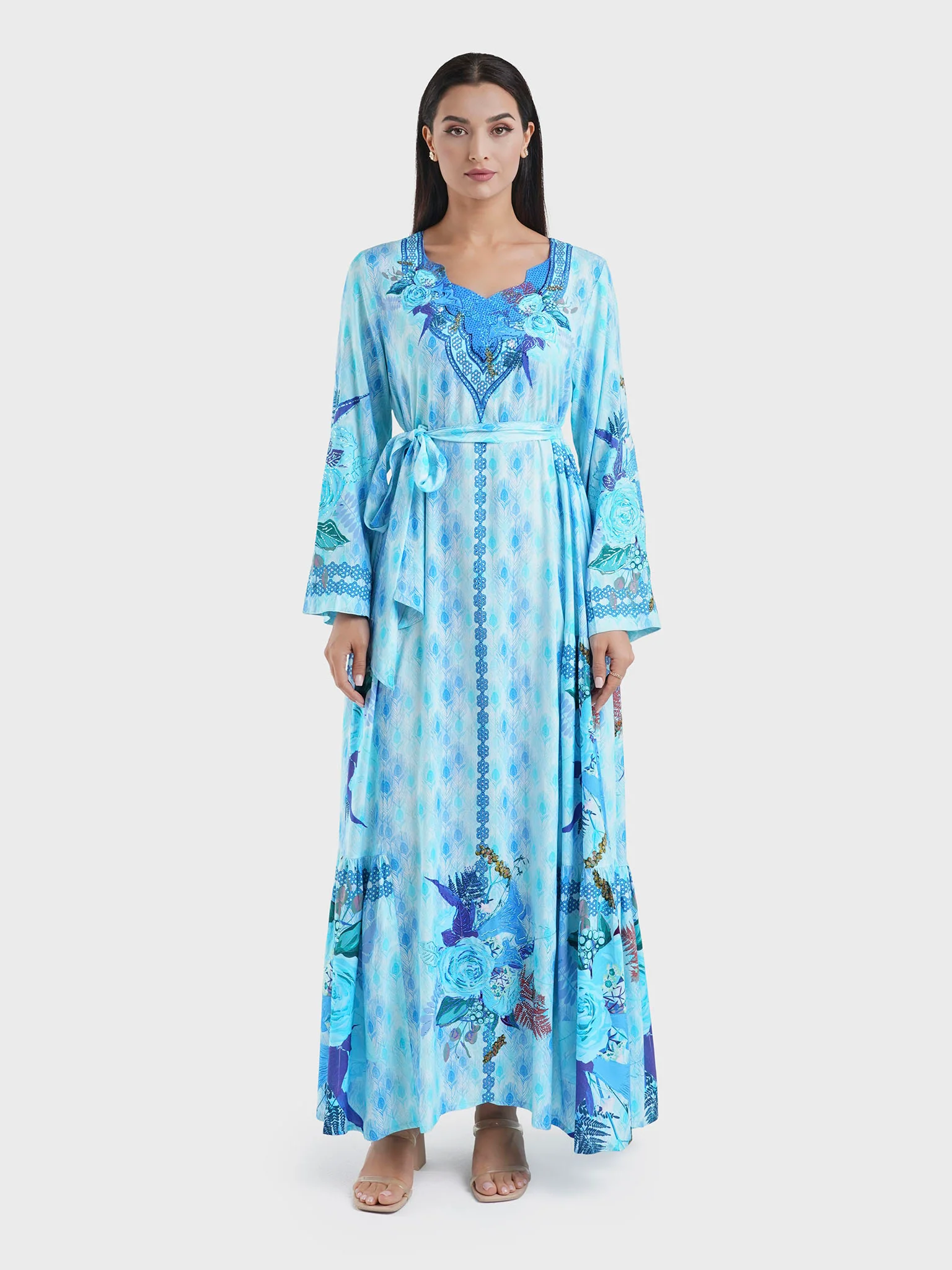 Turquoise Peacock Feather Print Viscose Jalabiya (VDE287) - Image 2