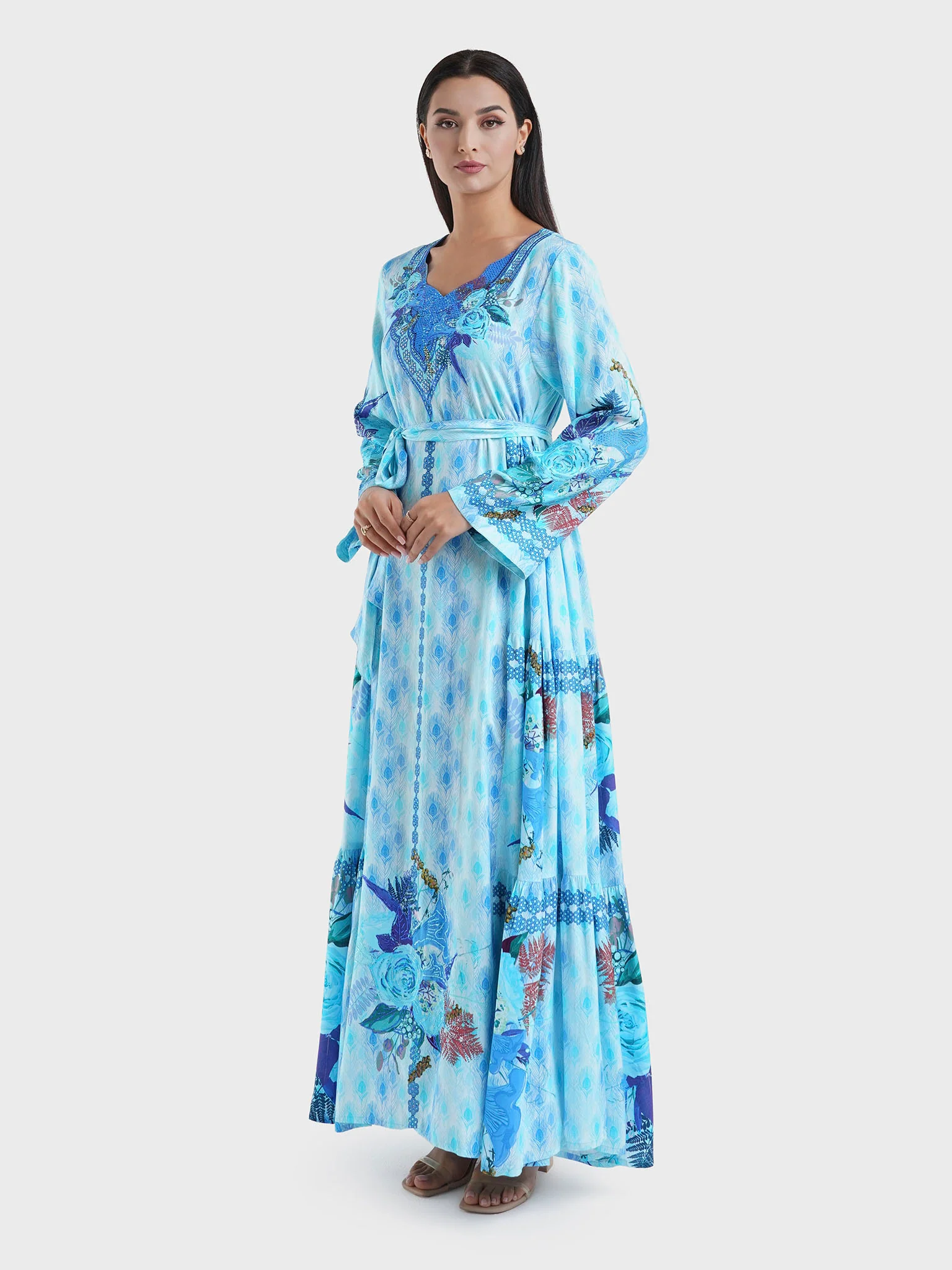 Turquoise Peacock Feather Print Viscose Jalabiya (VDE287) - Image 3