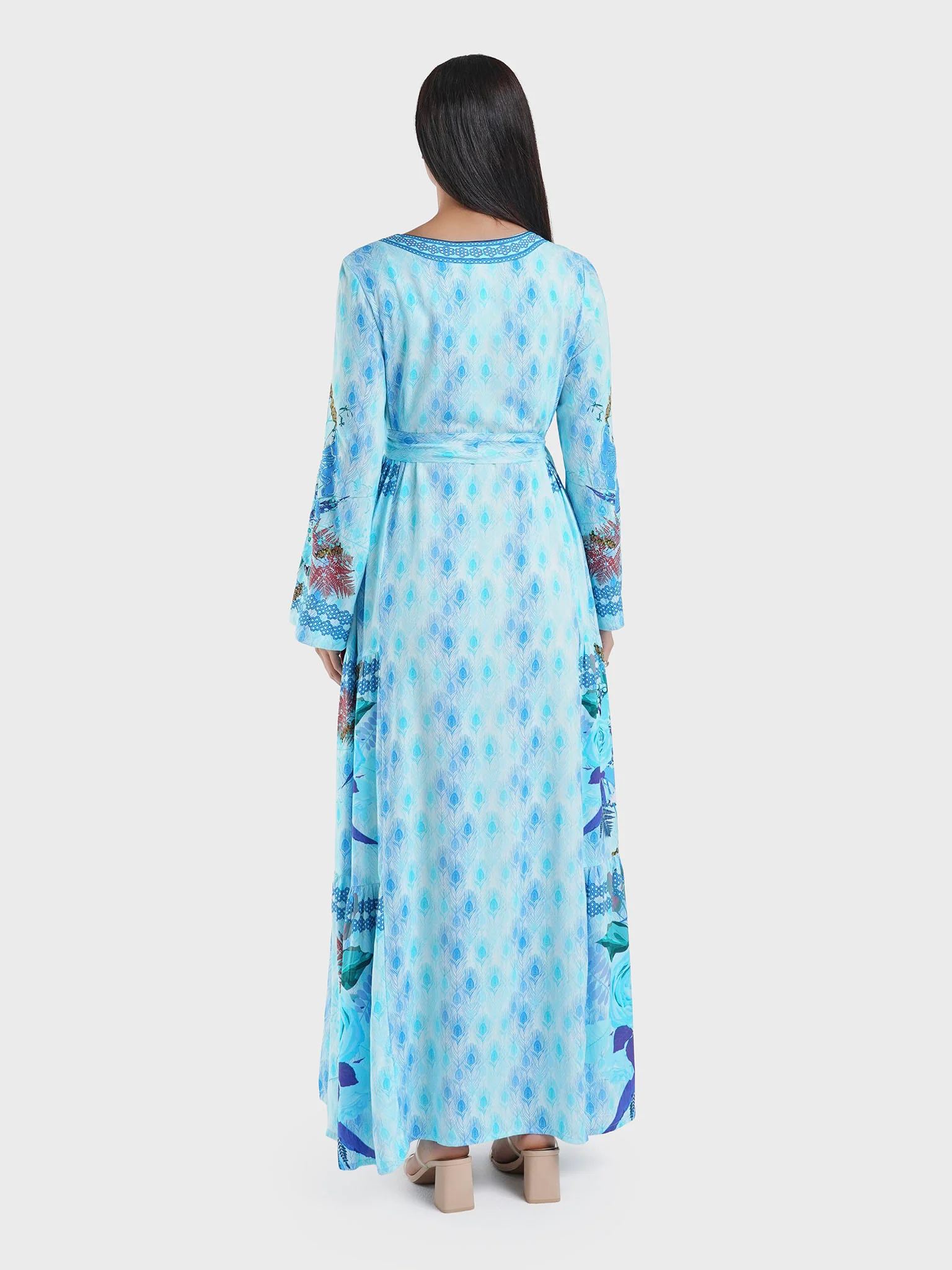 Turquoise Peacock Feather Print Viscose Jalabiya (VDE287) - Image 4