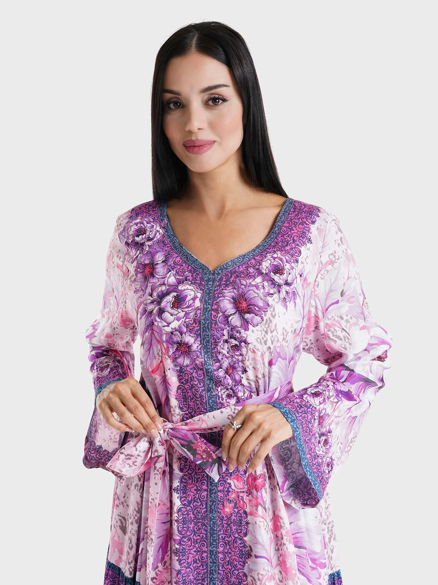 Lavender Floral Printed Rayon Stone Work Jalabiya (VDM911)