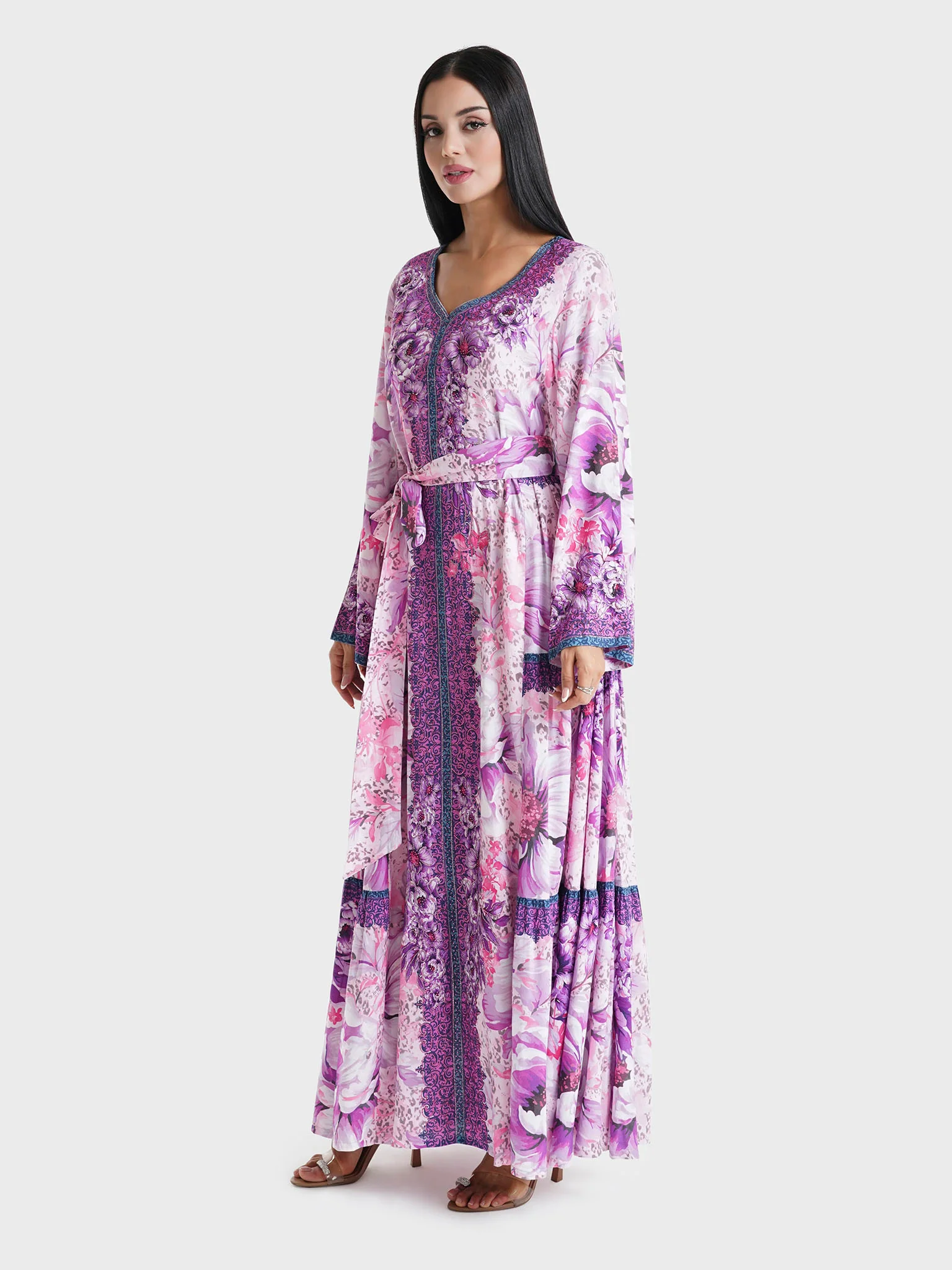 Lavender Floral Printed Rayon Stone Work Jalabiya (VDM911) - Image 3