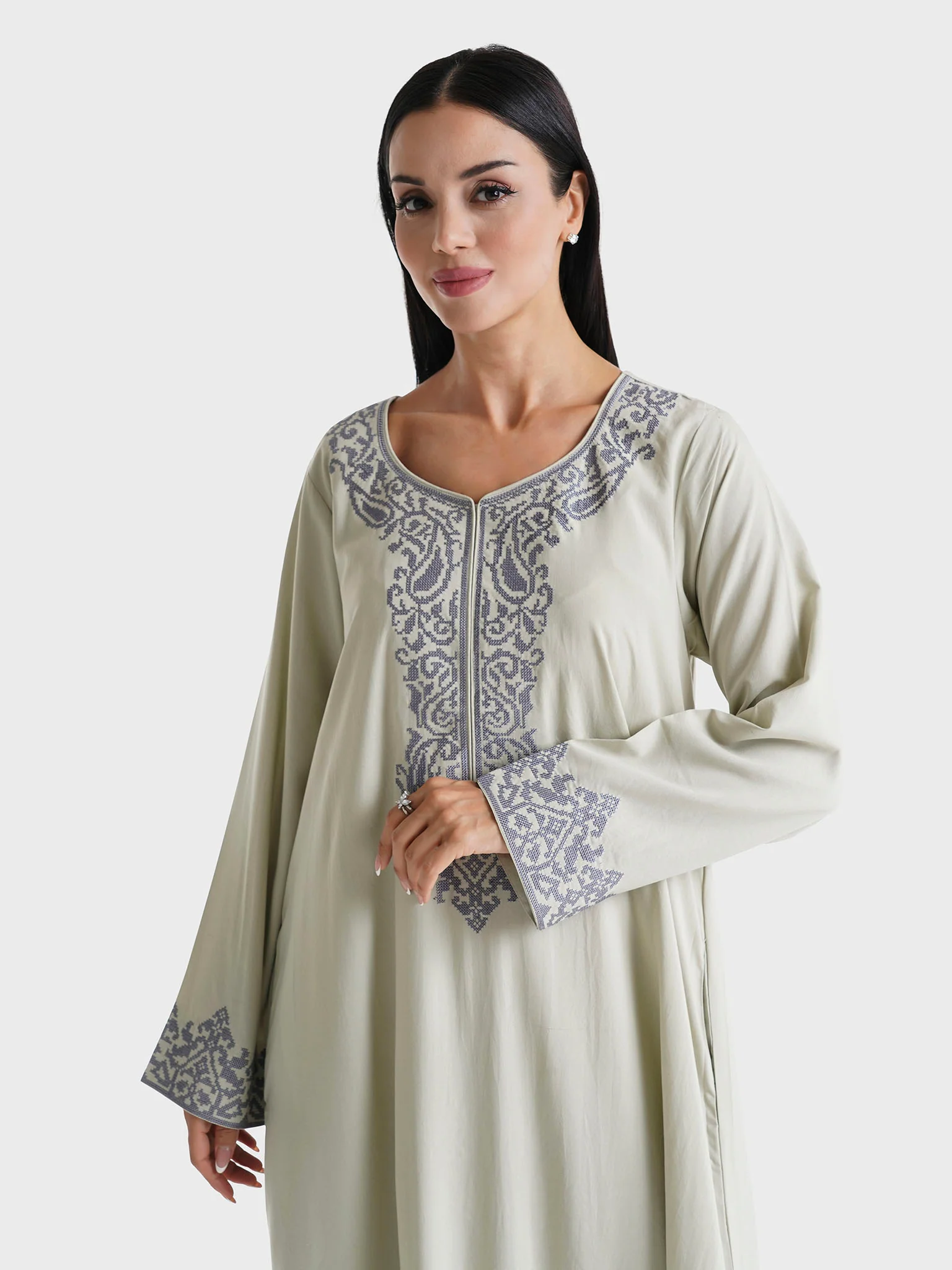 Sage Green Solid Viscose Machine Embroidered Jalabiya (VG2867)