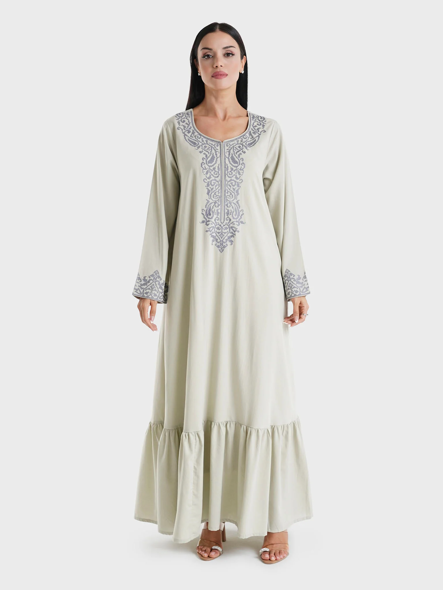 Sage Green Solid Viscose Machine Embroidered Jalabiya (VG2867) - Image 2