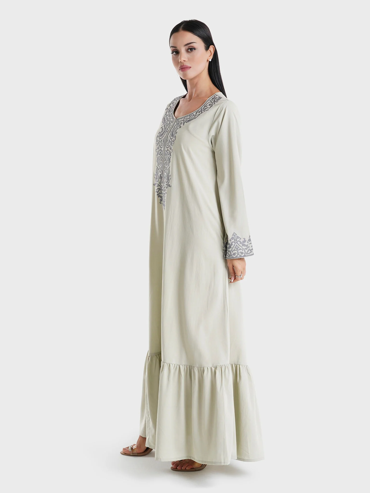 Sage Green Solid Viscose Machine Embroidered Jalabiya (VG2867) - Image 3