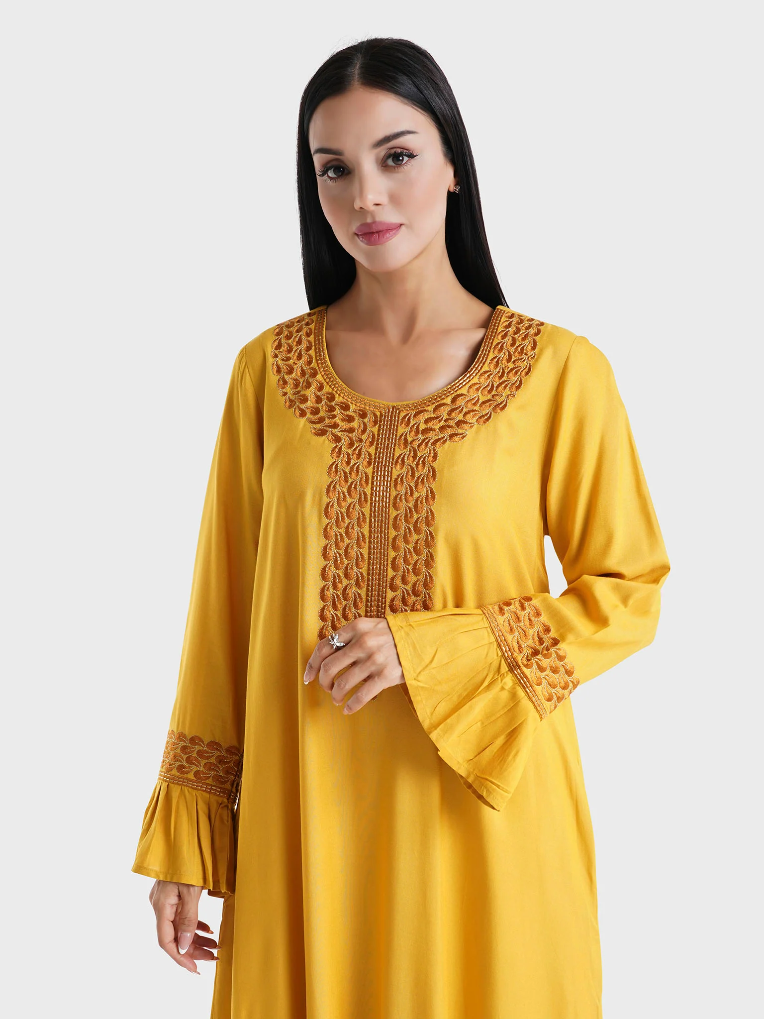 Mustard Solid Rayon Machine Embroidered Home Wear Jalabiya (VSG59)
