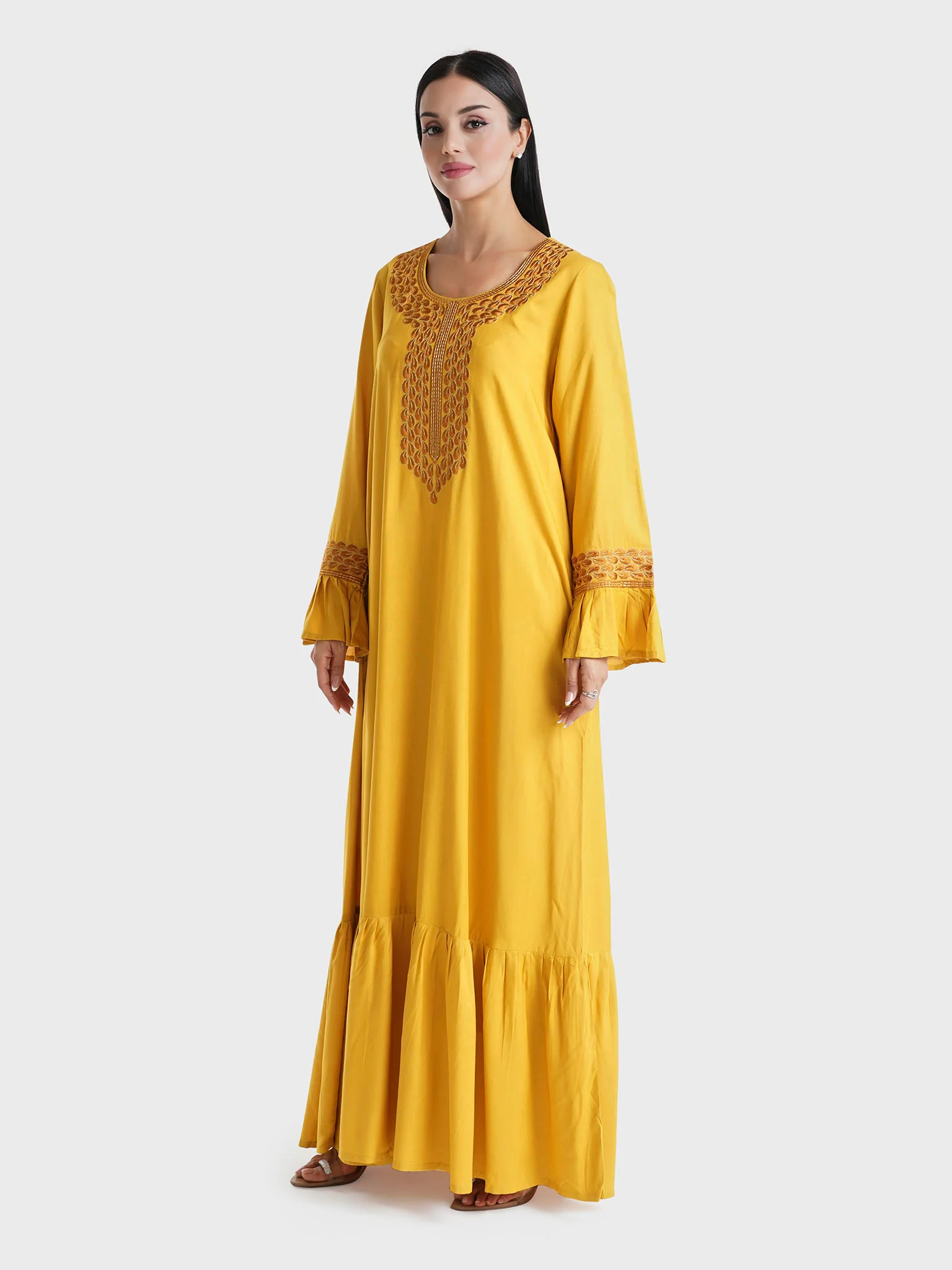 Mustard Solid Rayon Machine Embroidered Home Wear Jalabiya (VSG59) - Image 2