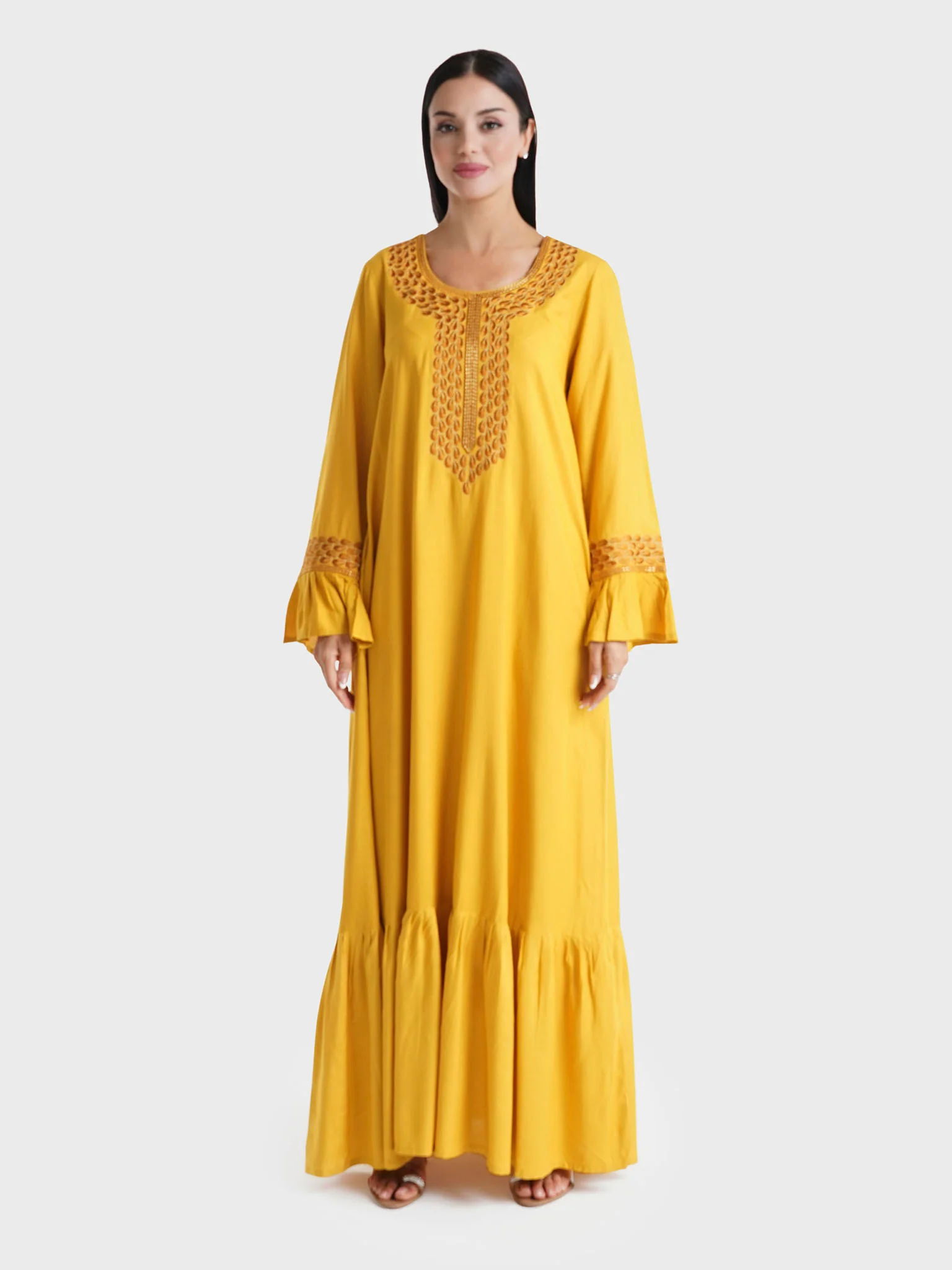 Mustard Solid Rayon Machine Embroidered Home Wear Jalabiya (VSG59) - Image 3