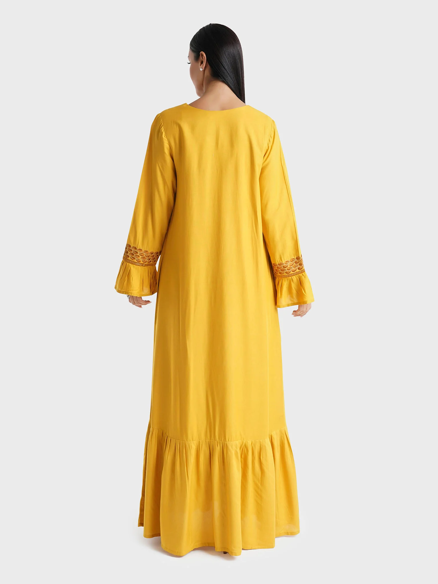 Mustard Solid Rayon Machine Embroidered Home Wear Jalabiya (VSG59) - Image 4