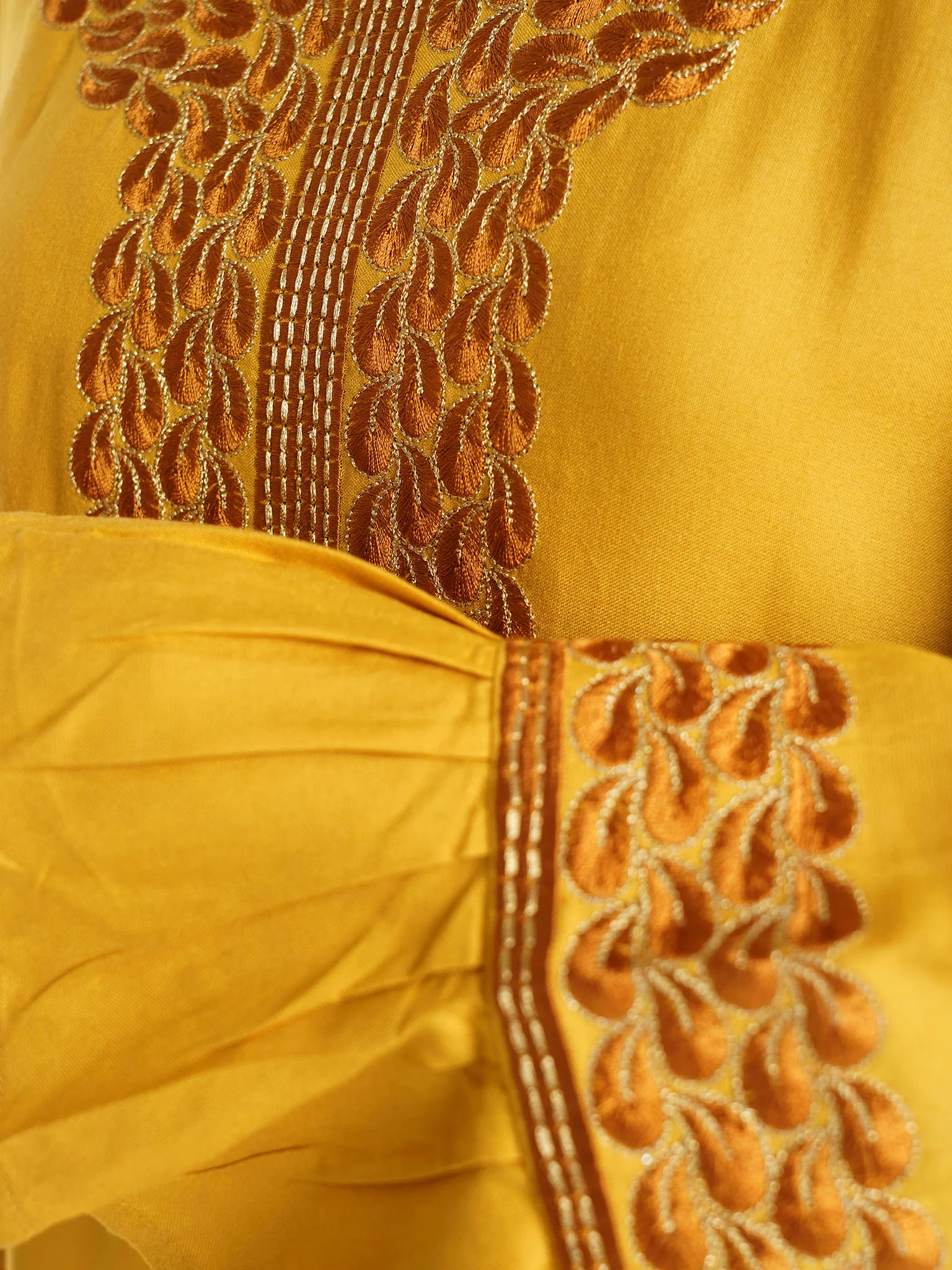 Mustard Solid Rayon Machine Embroidered Home Wear Jalabiya (VSG59) - Image 5