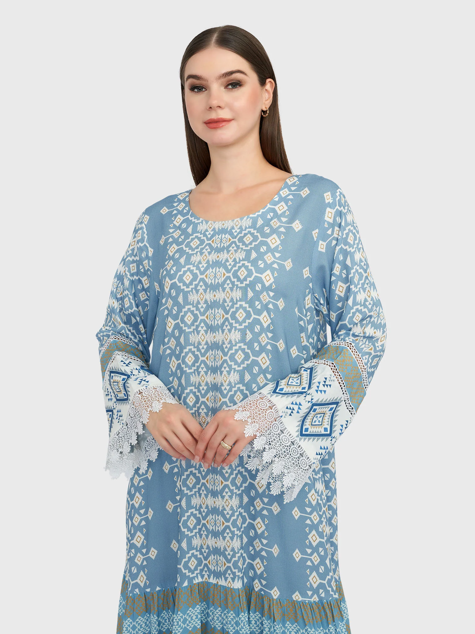 Dusty Blue Geometric Print Rayon Tiered Jalabiya (VW105)