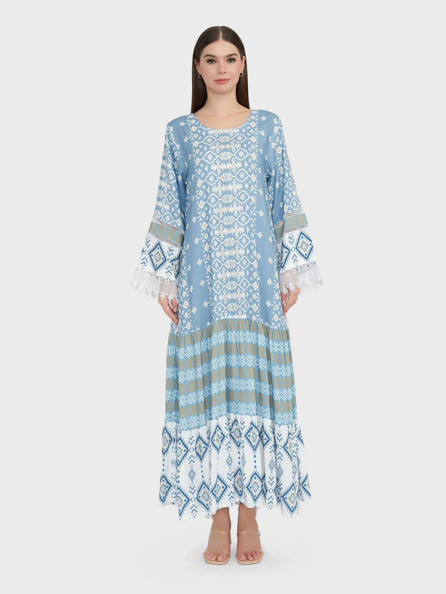 Dusty Blue Geometric Print Rayon Tiered Jalabiya (VW105) - Image 2