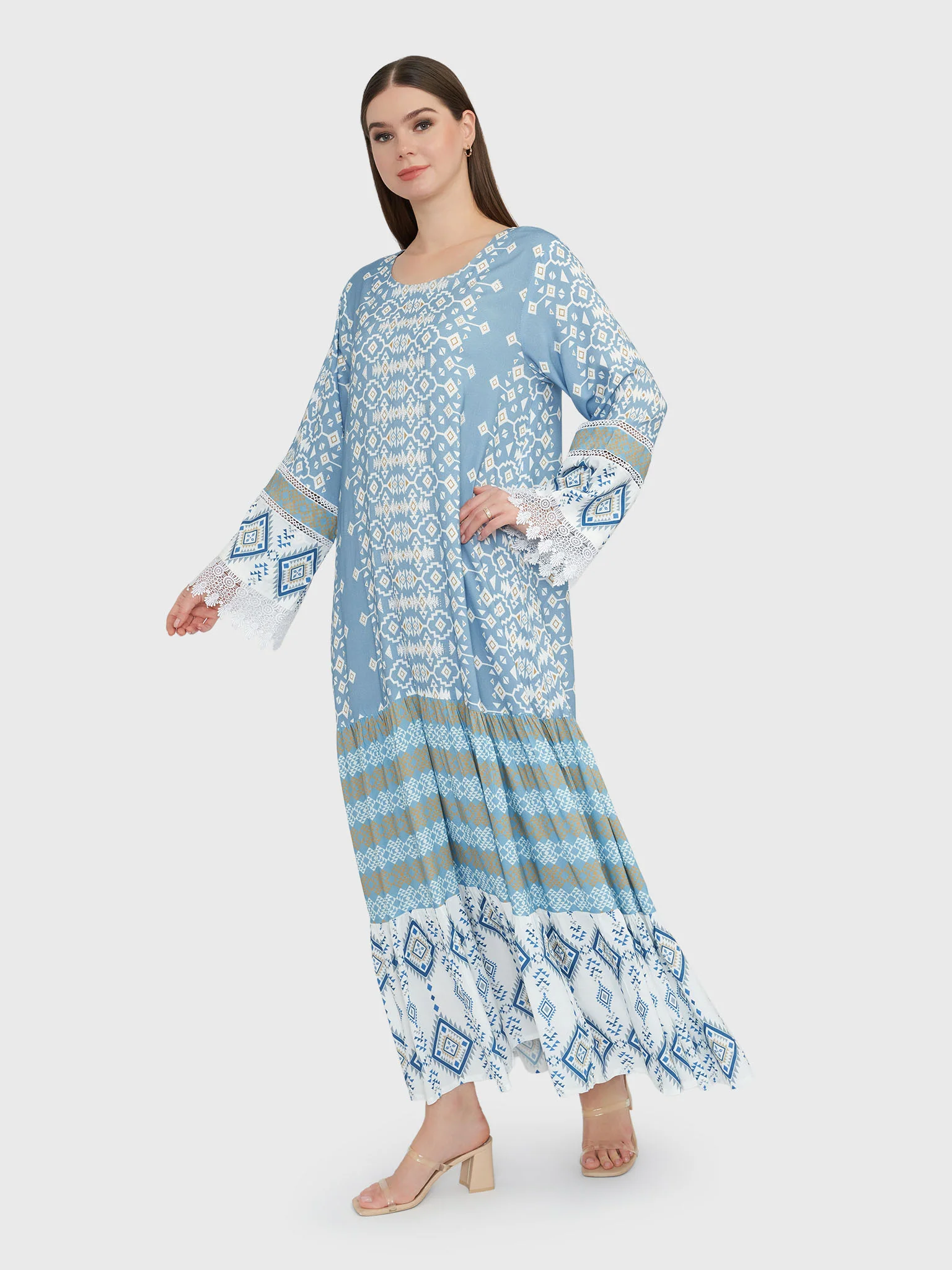 Dusty Blue Geometric Print Rayon Tiered Jalabiya (VW105) - Image 3