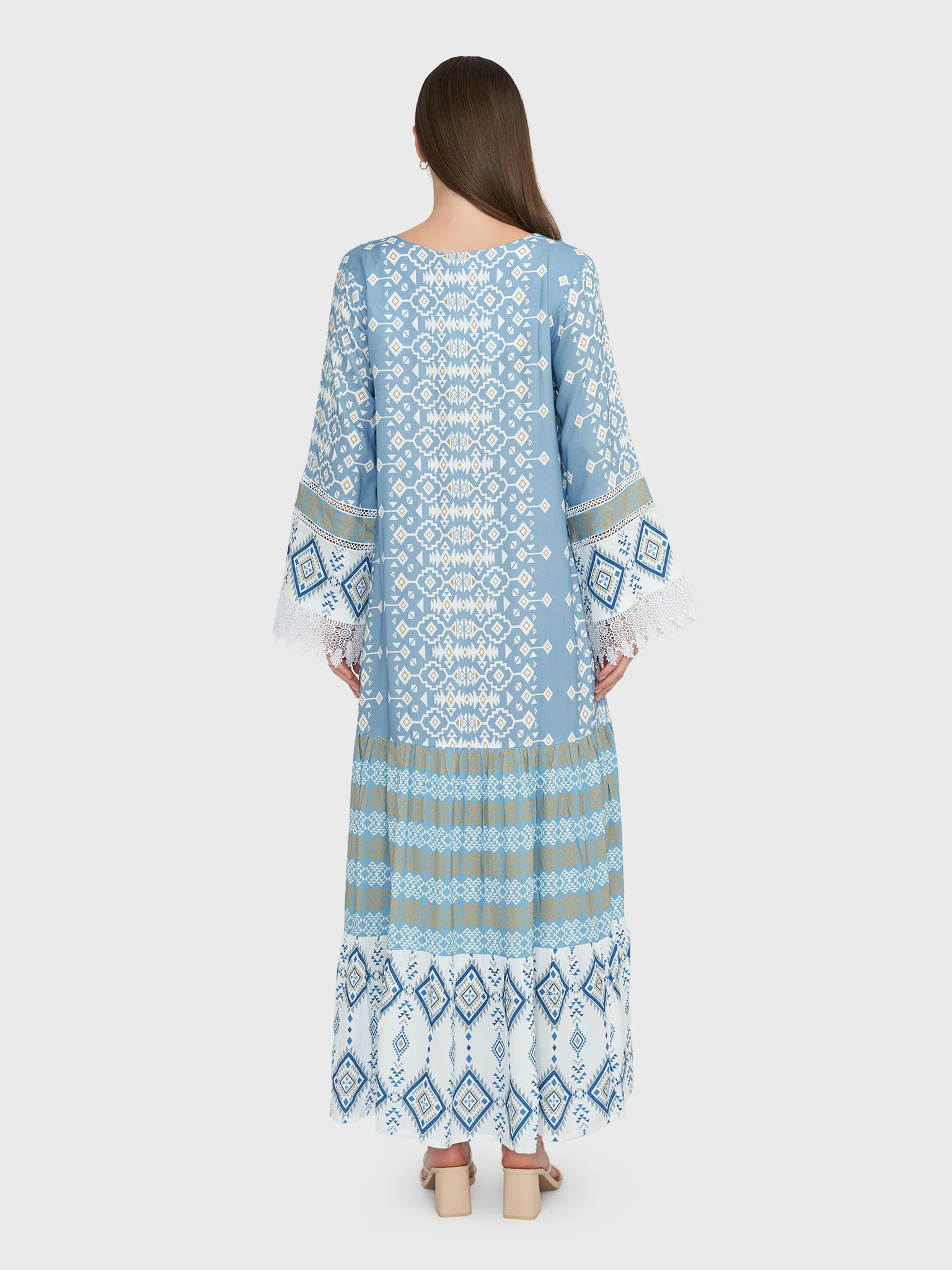 Dusty Blue Geometric Print Rayon Tiered Jalabiya (VW105) - Image 4