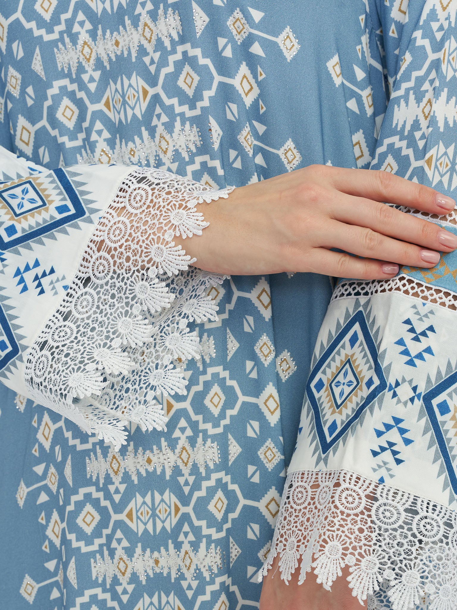 Dusty Blue Geometric Print Rayon Tiered Jalabiya (VW105) - Image 5
