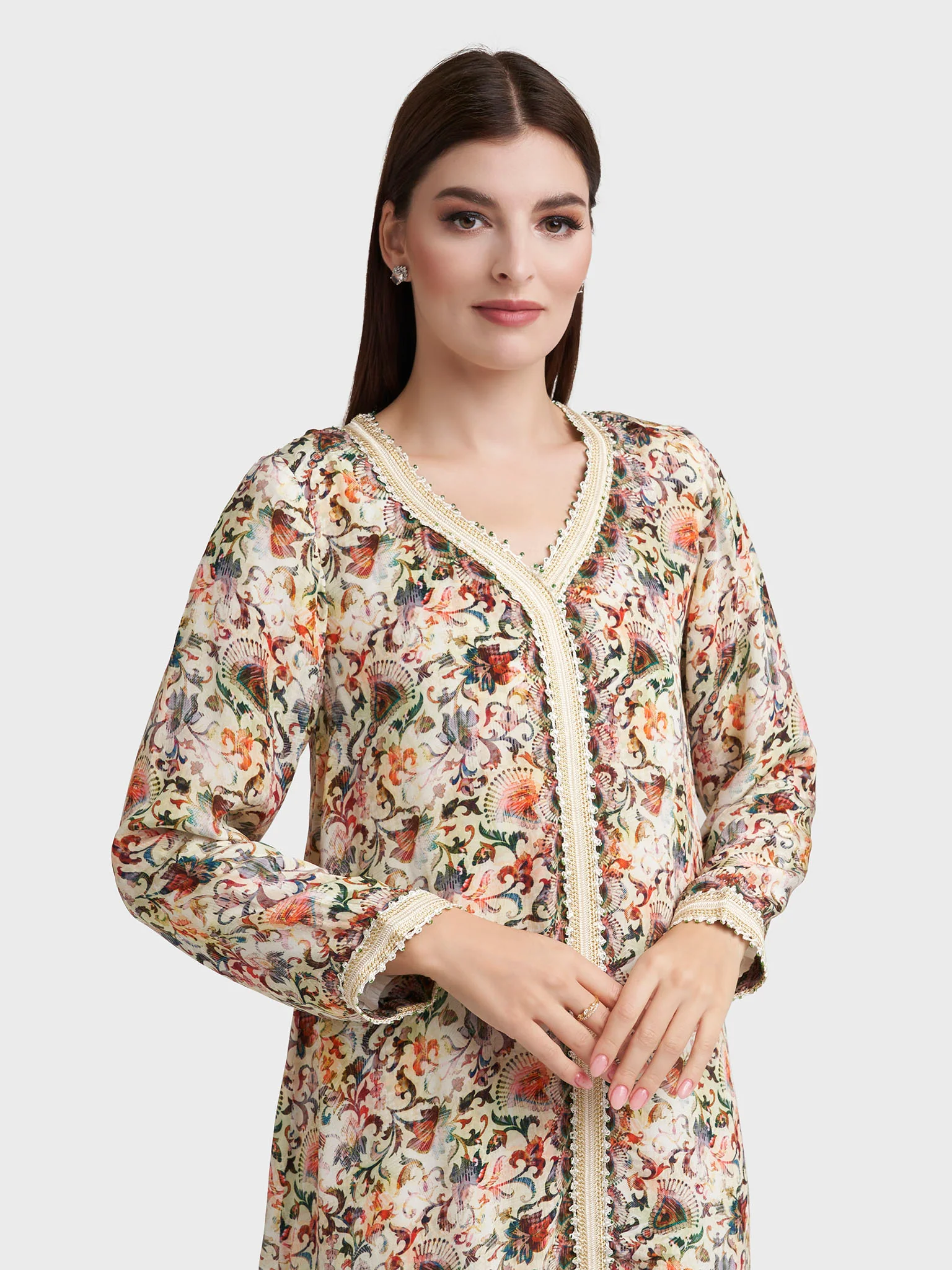 Cream Viscose Crepe Motif Print Jalabiya (VG2306)