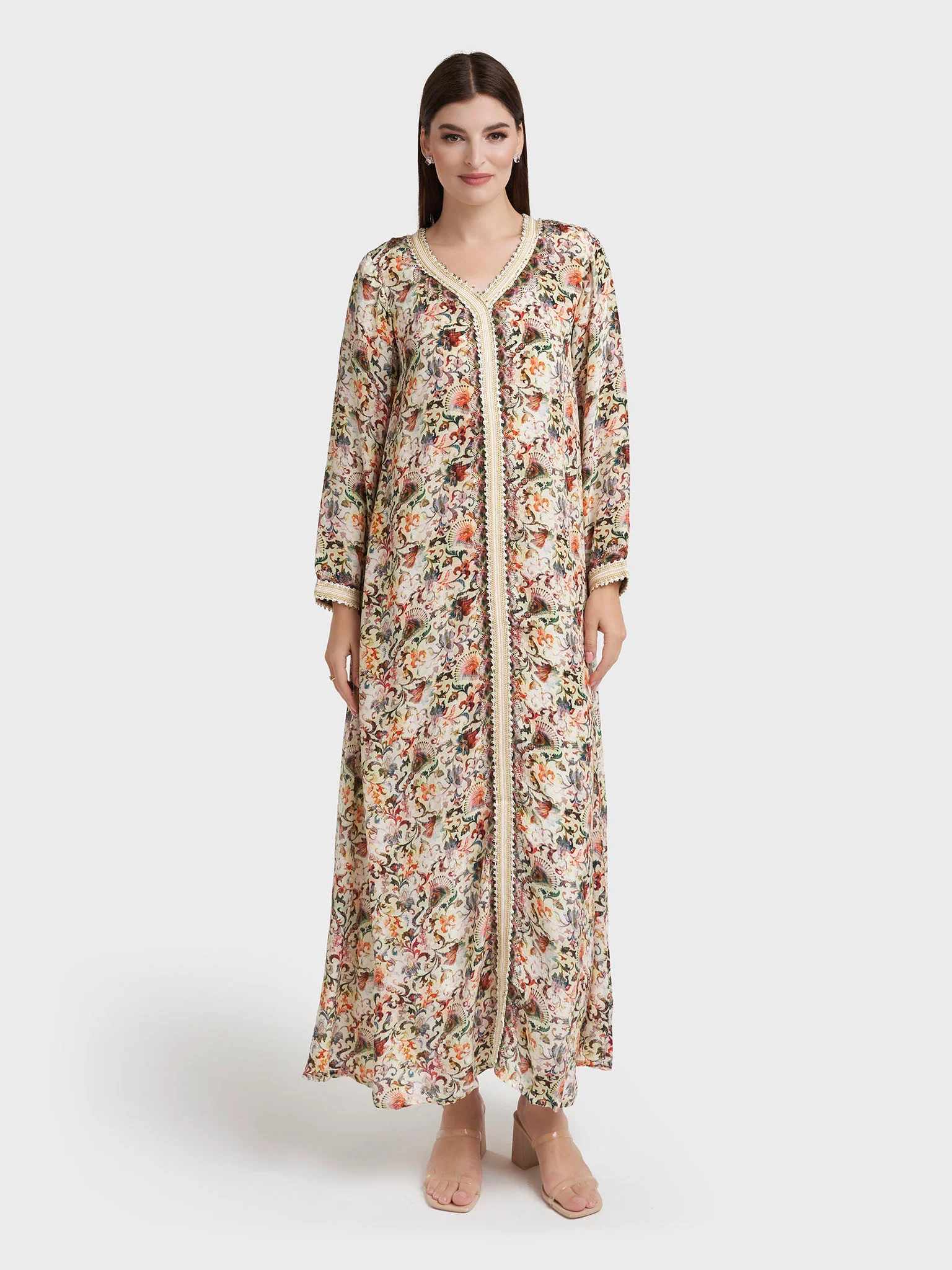 Cream Viscose Crepe Motif Print Jalabiya (VG2306) - Image 2