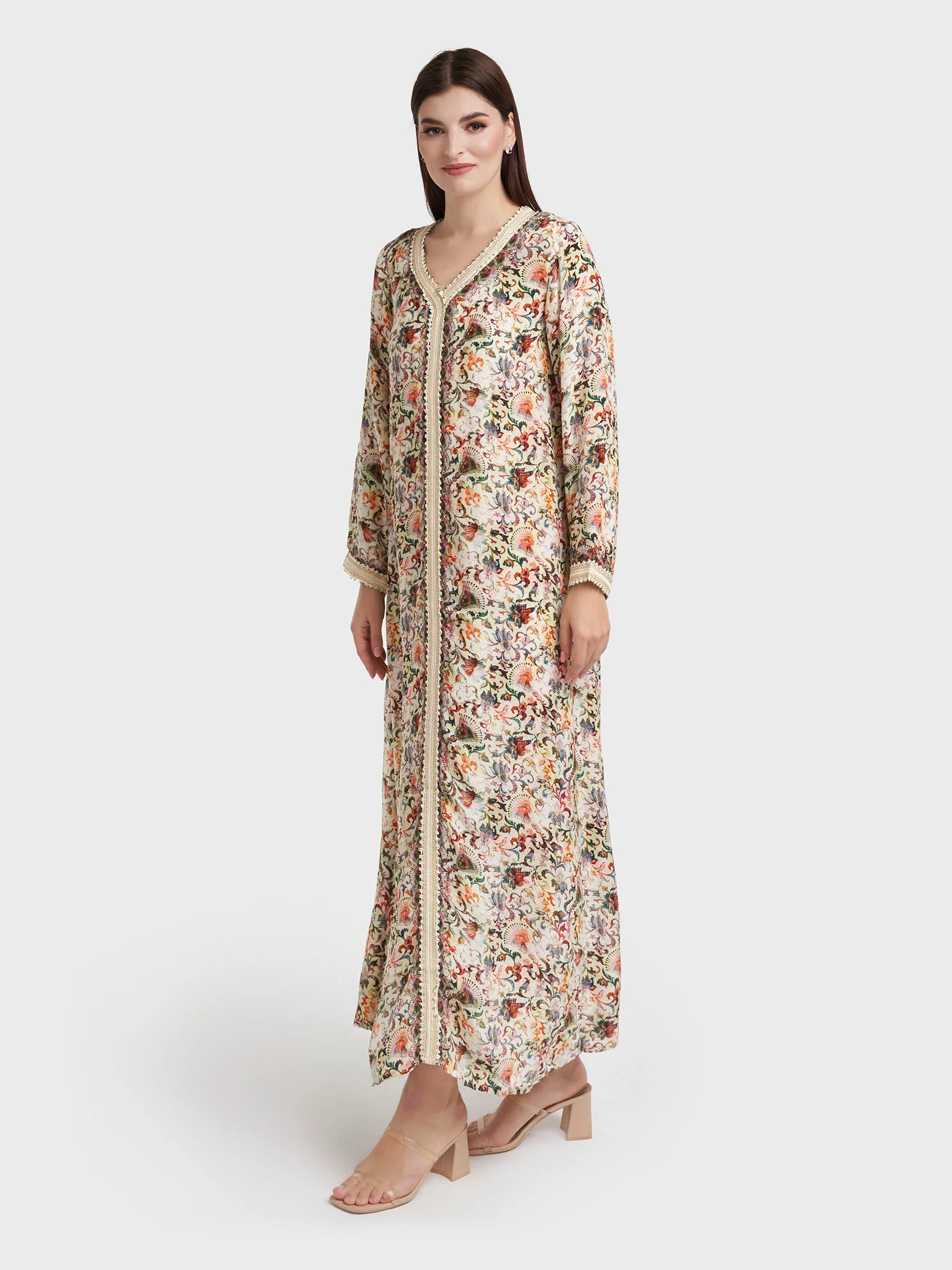Cream Viscose Crepe Motif Print Jalabiya (VG2306) - Image 3