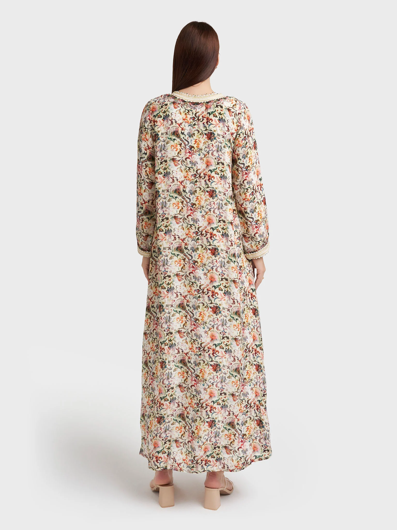 Cream Viscose Crepe Motif Print Jalabiya (VG2306) - Image 4