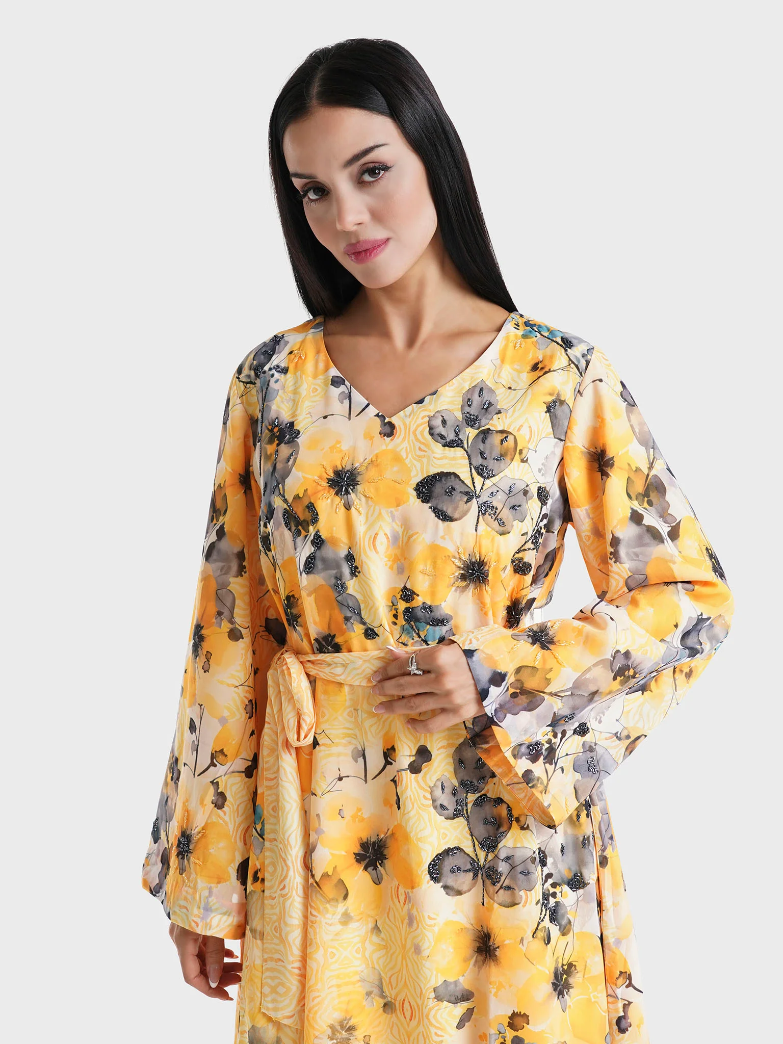 Yellow Floral Printed Faux Georgette Hand Work Maxi Dress (VDE368)