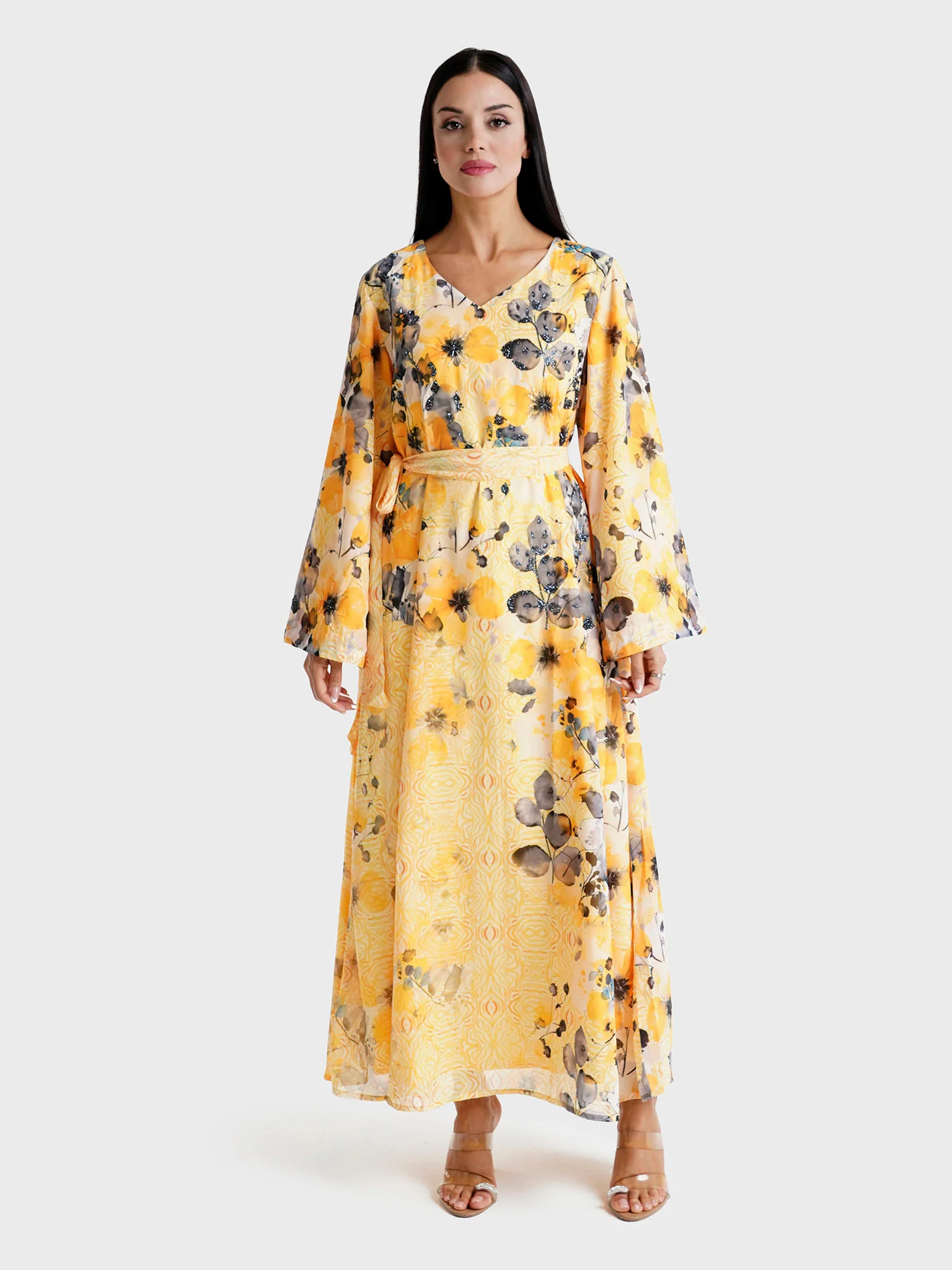 Yellow Floral Printed Faux Georgette Hand Work Maxi Dress (VDE368) - Image 2