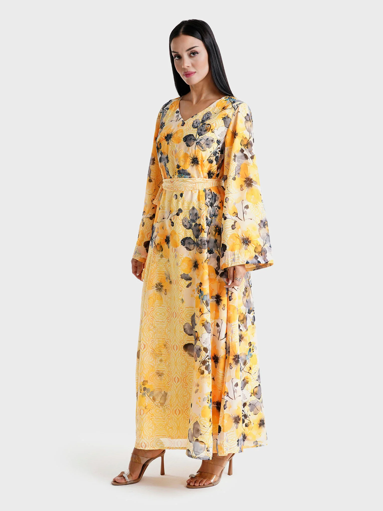 Yellow Floral Printed Faux Georgette Hand Work Maxi Dress (VDE368) - Image 3