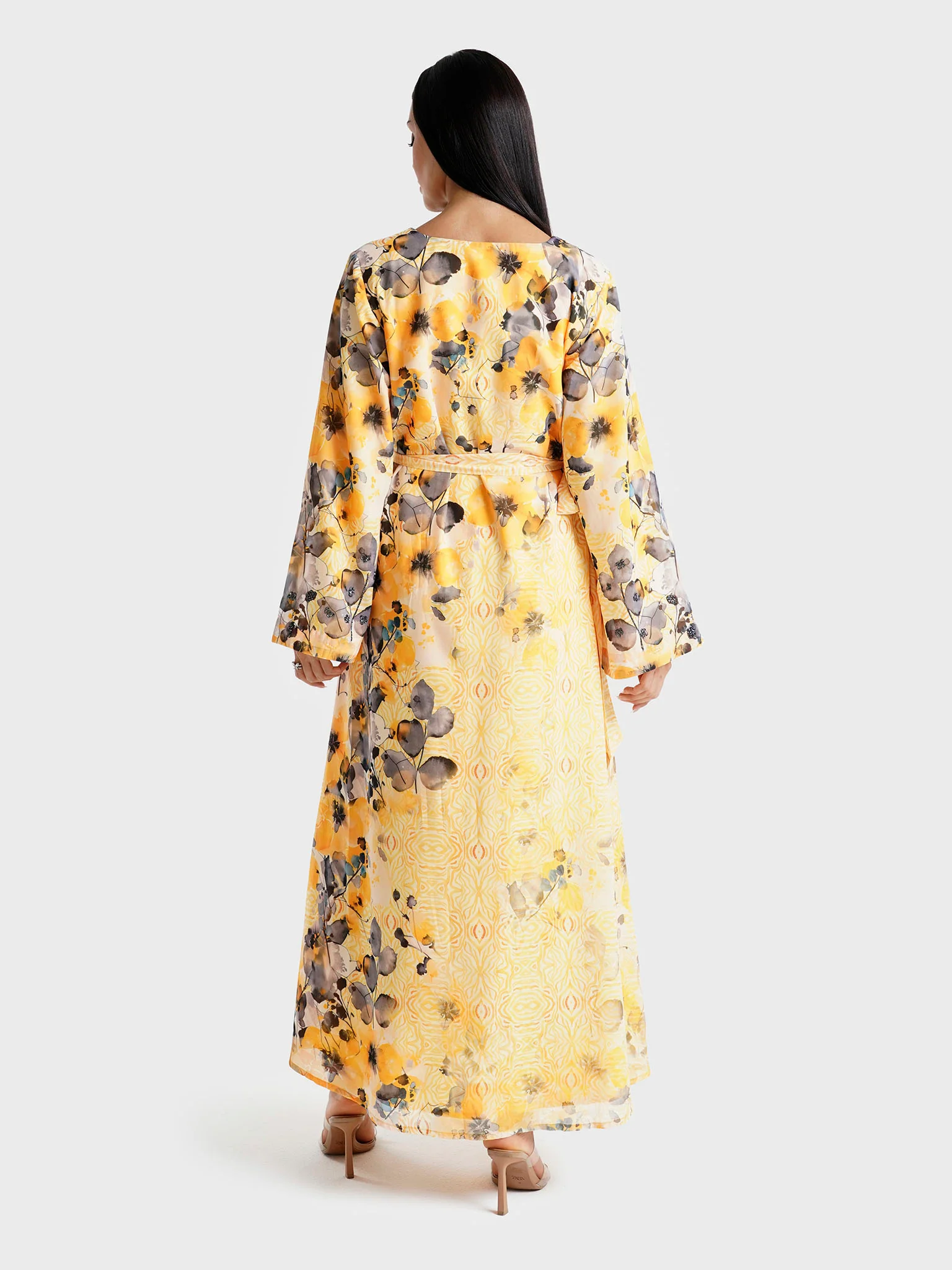 Yellow Floral Printed Faux Georgette Hand Work Maxi Dress (VDE368) - Image 4