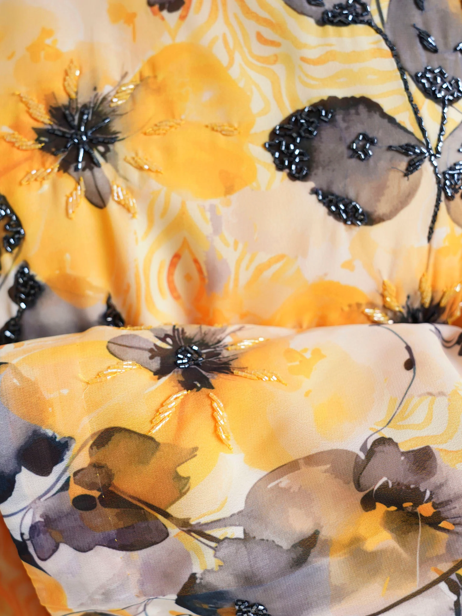 Yellow Floral Printed Faux Georgette Hand Work Maxi Dress (VDE368) - Image 5