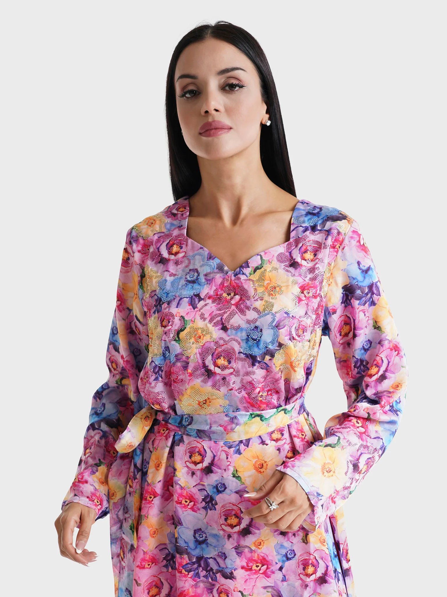 Pink Floral Printed Faux Georgette Stone Work Maxi Dress (VDE369)