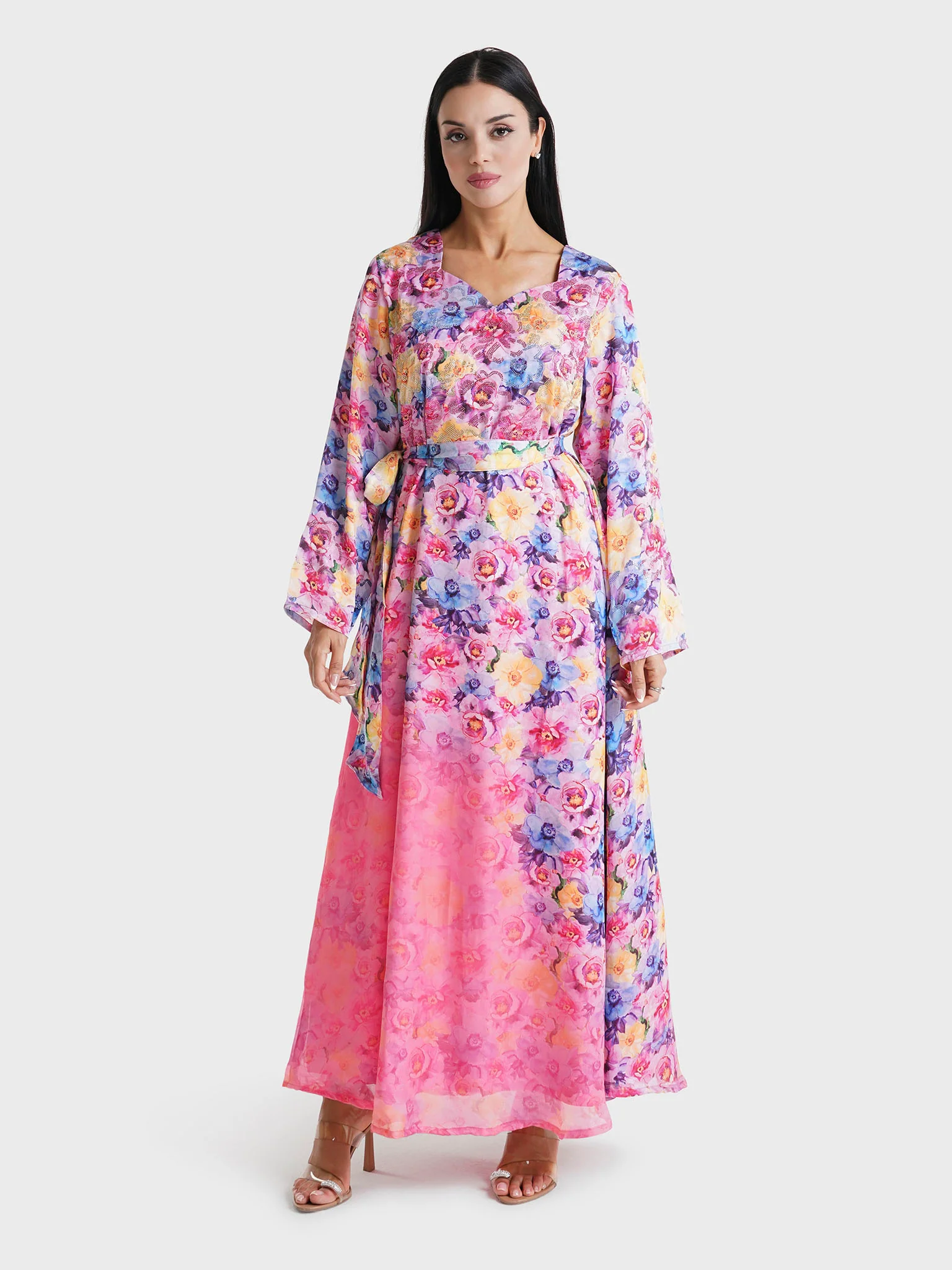 Pink Floral Printed Faux Georgette Stone Work Maxi Dress (VDE369) - Image 2
