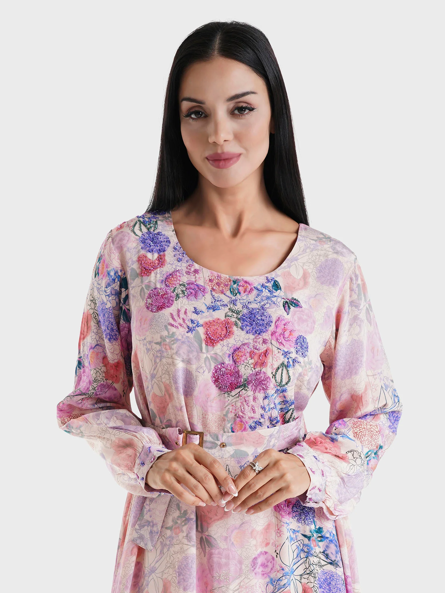 Light Pink Floral Printed Viscose Crepe Maxi Dress (VDK328)