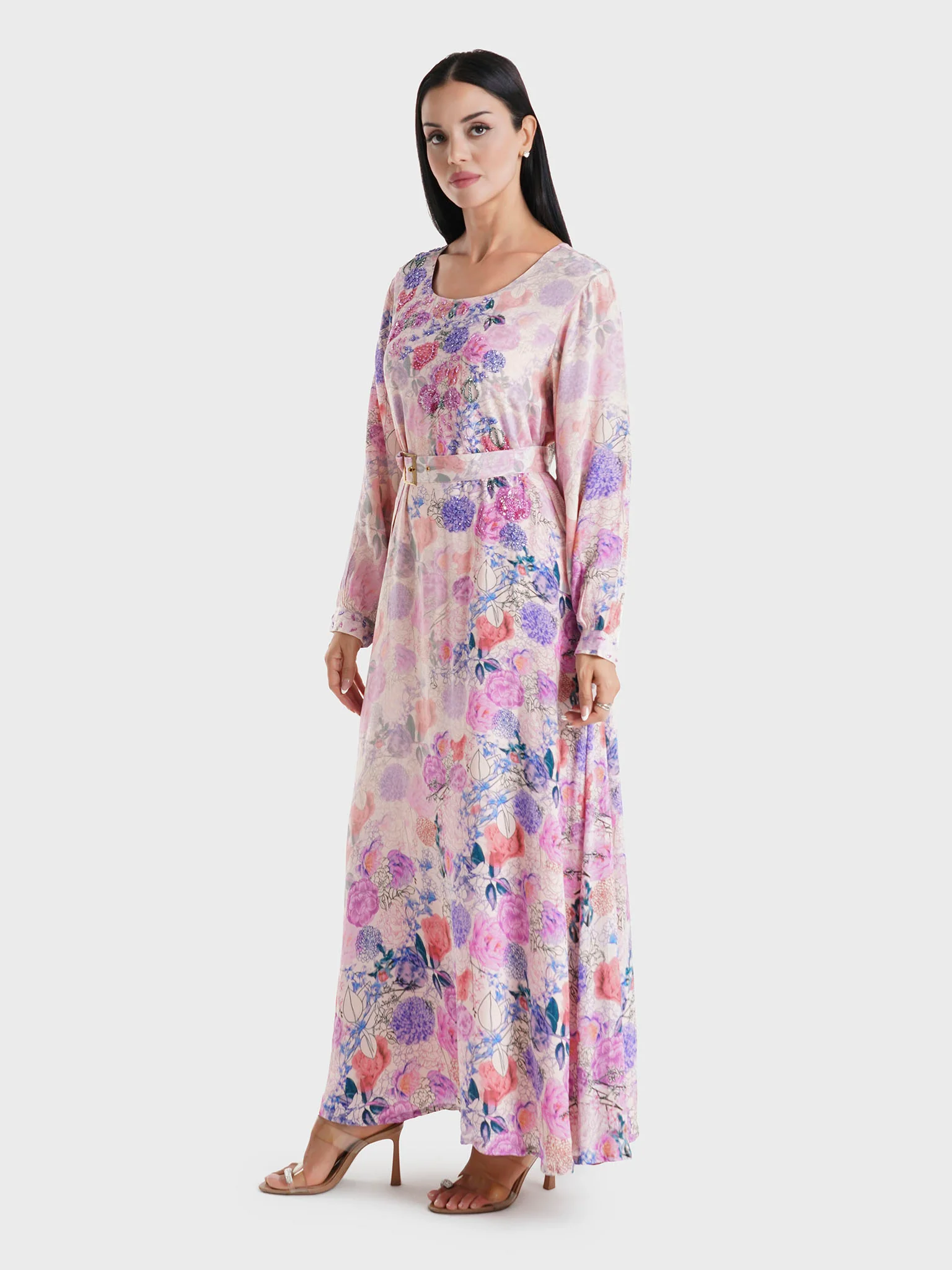 Light Pink Floral Printed Viscose Crepe Maxi Dress (VDK328) - Image 3