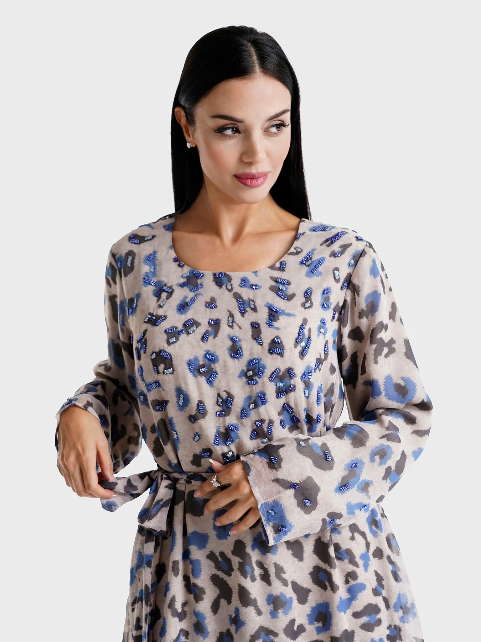 Grey Leopard Printed Chiffon Hand Work Maxi Dress (VDK344)