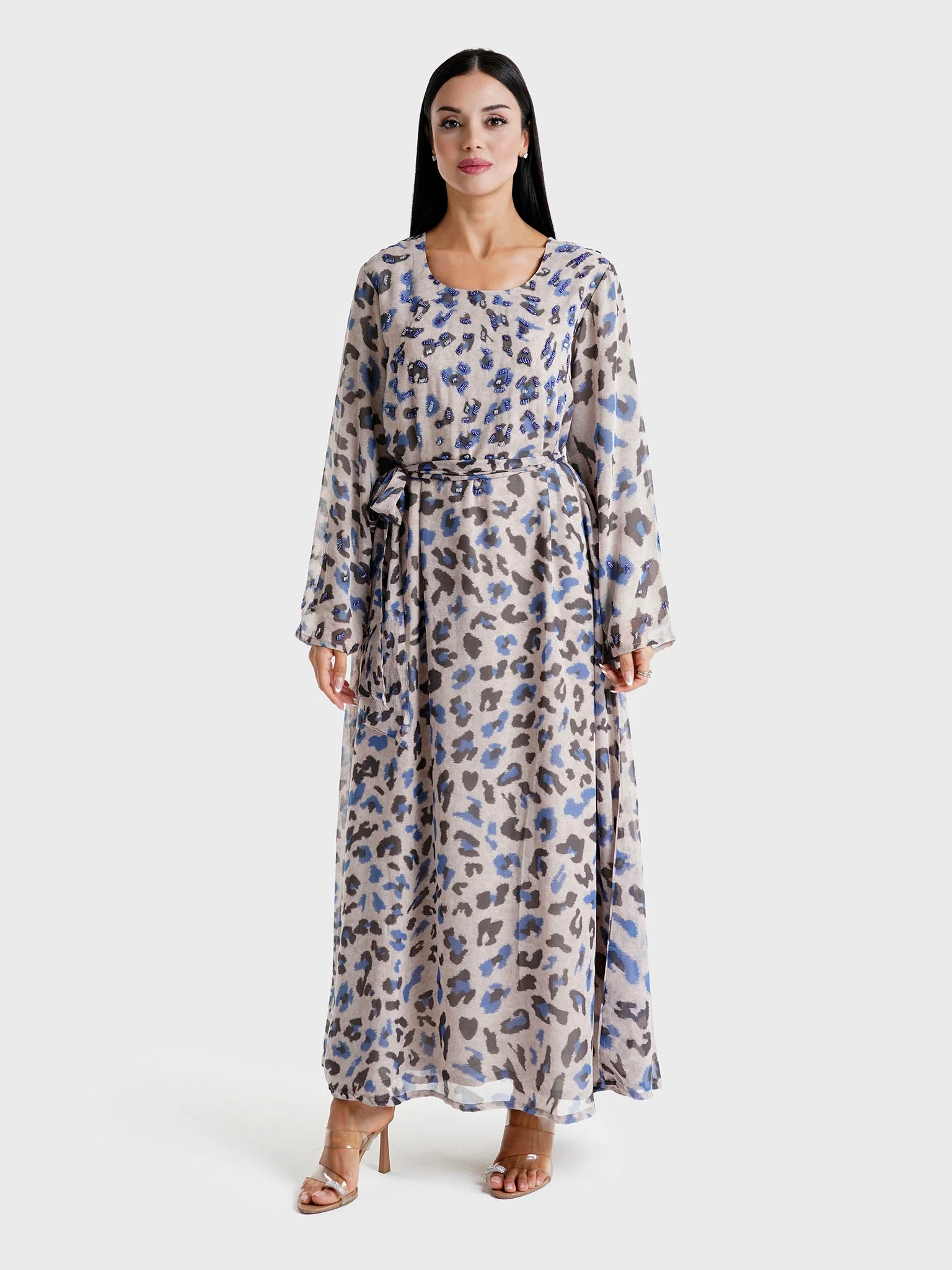 Grey Leopard Printed Chiffon Hand Work Maxi Dress (VDK344) - Image 2