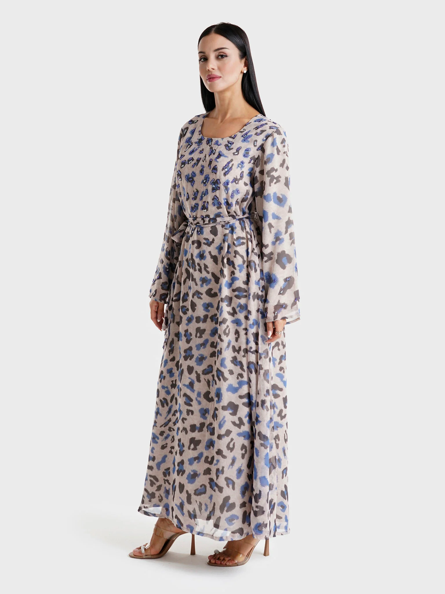 Grey Leopard Printed Chiffon Hand Work Maxi Dress (VDK344) - Image 3