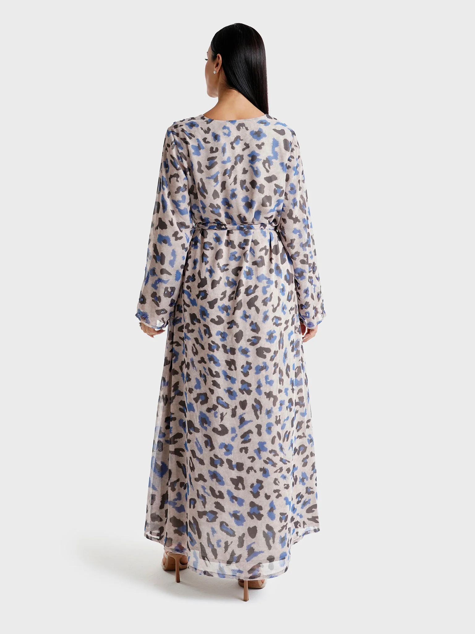 Grey Leopard Printed Chiffon Hand Work Maxi Dress (VDK344) - Image 4