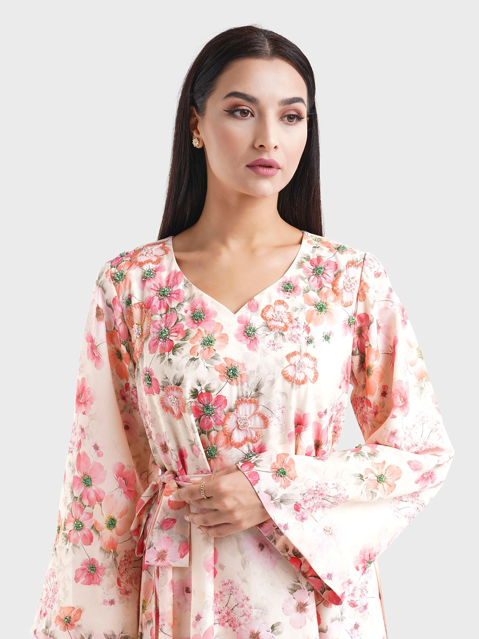 Cream Georgette Floral Print Dress with Beadwork (VDM829)